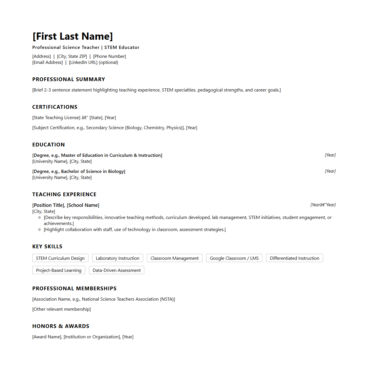 Professional Blank Science Teacher Resume Template for STEM Educators