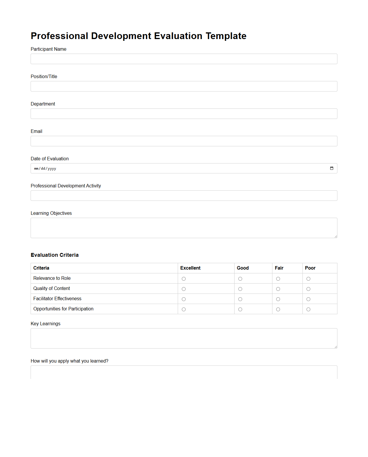 Professional Development Evaluation Template