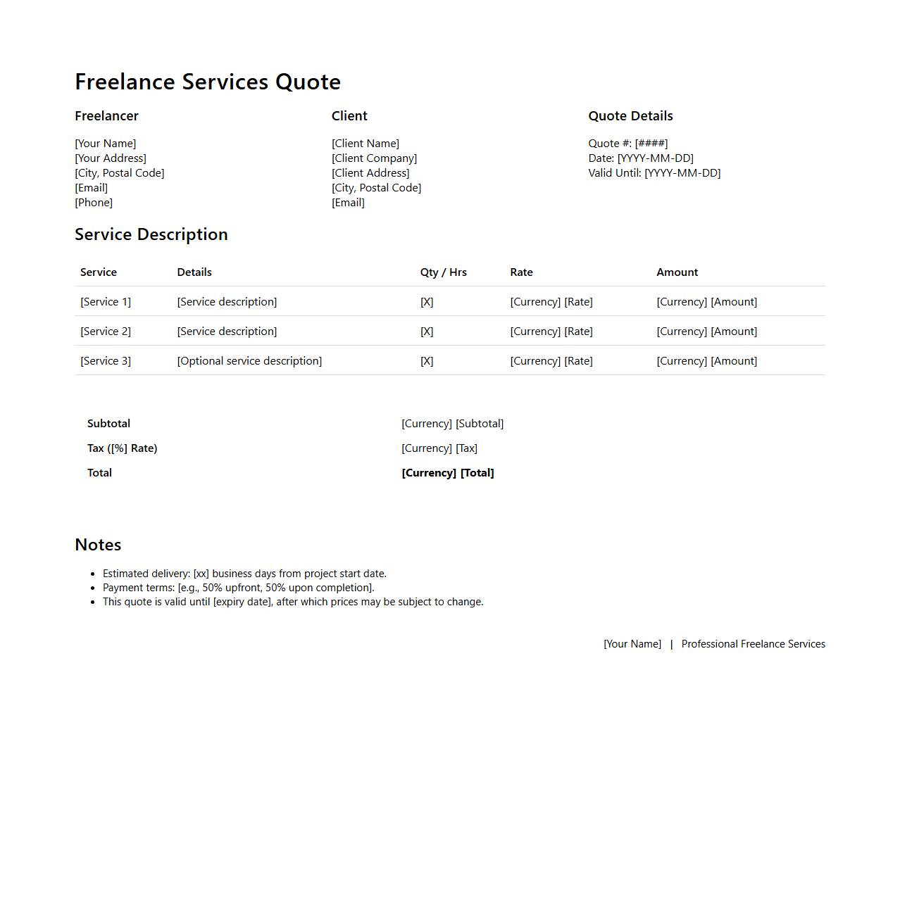Professional Freelance Services Quote Example