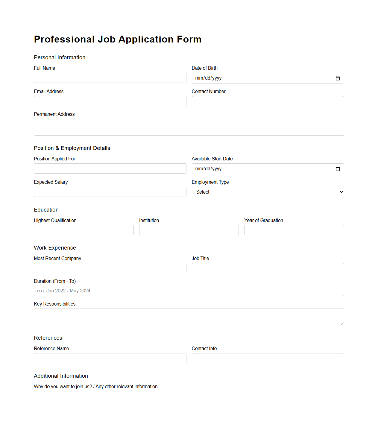 Professional Job Application Form Format