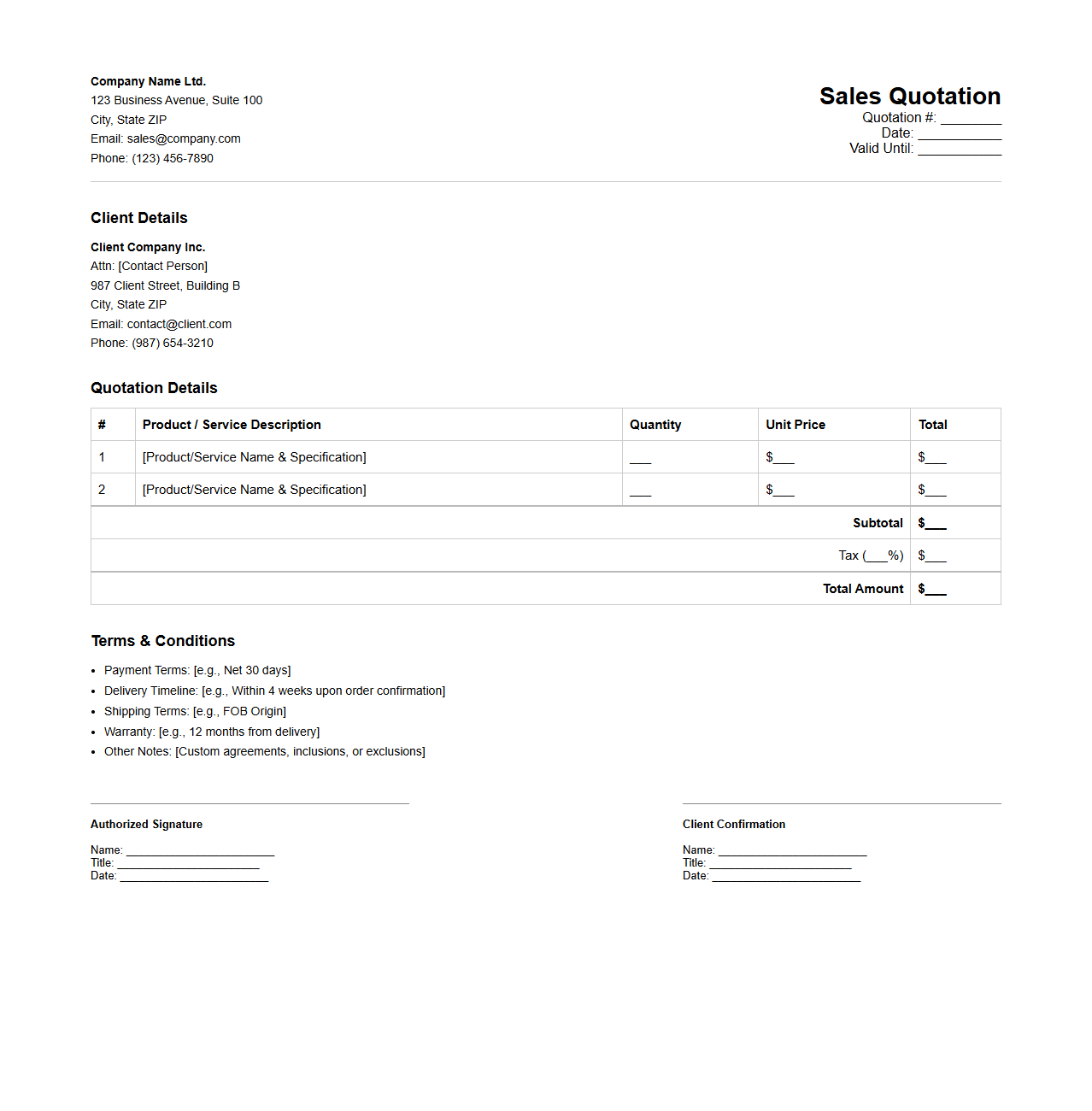 Professional Sales Quotation Outline for B2B Deals