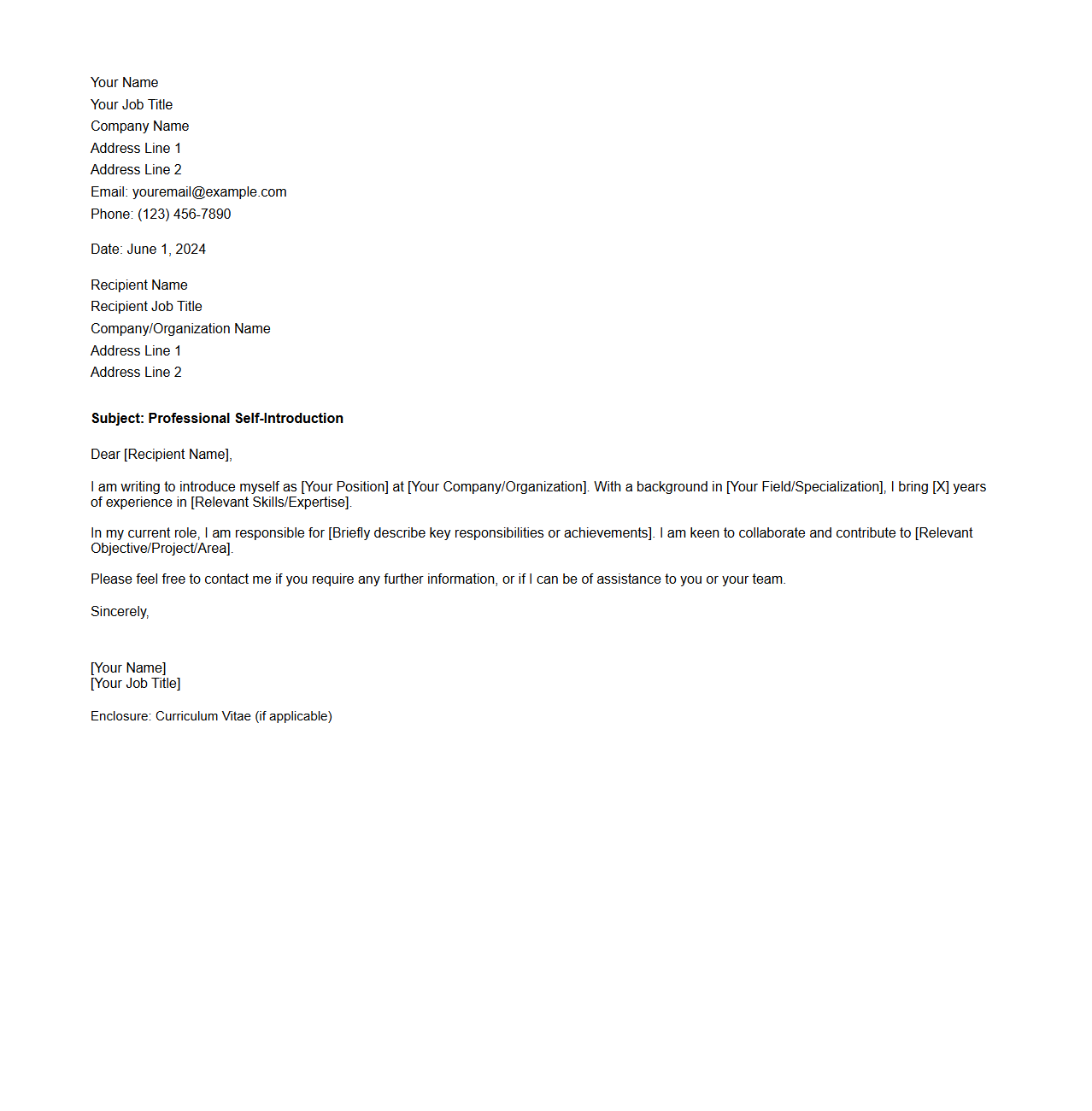 Professional Self-Introduction Letter Layout