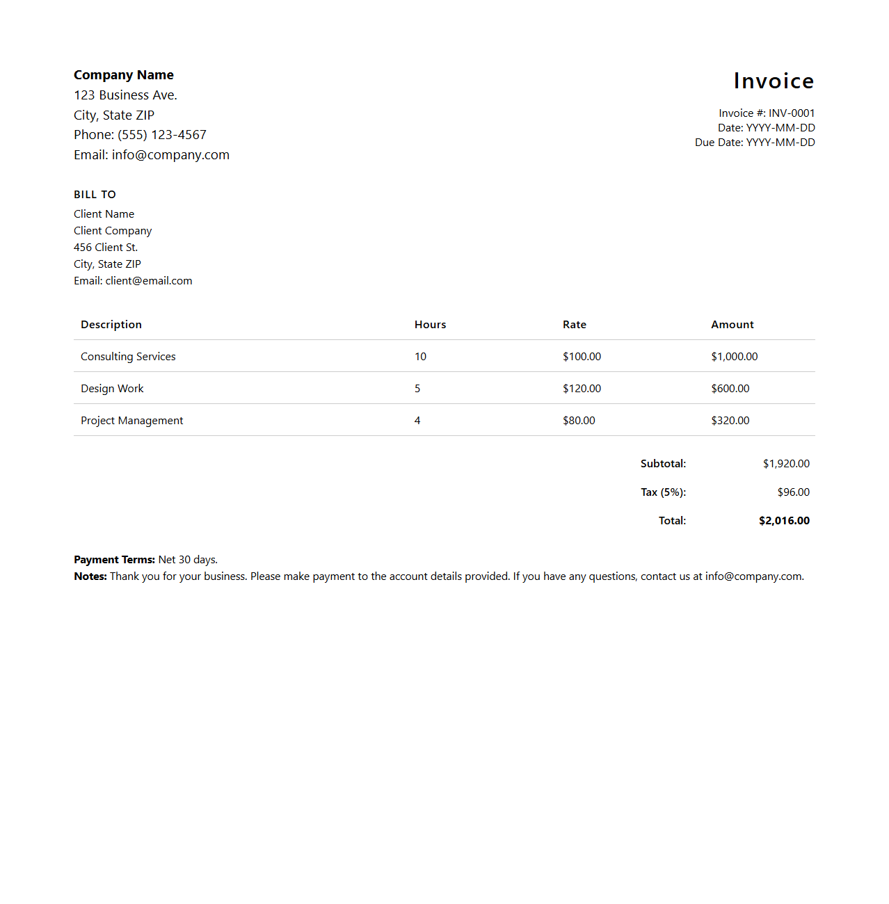 Professional Services Invoice Layout