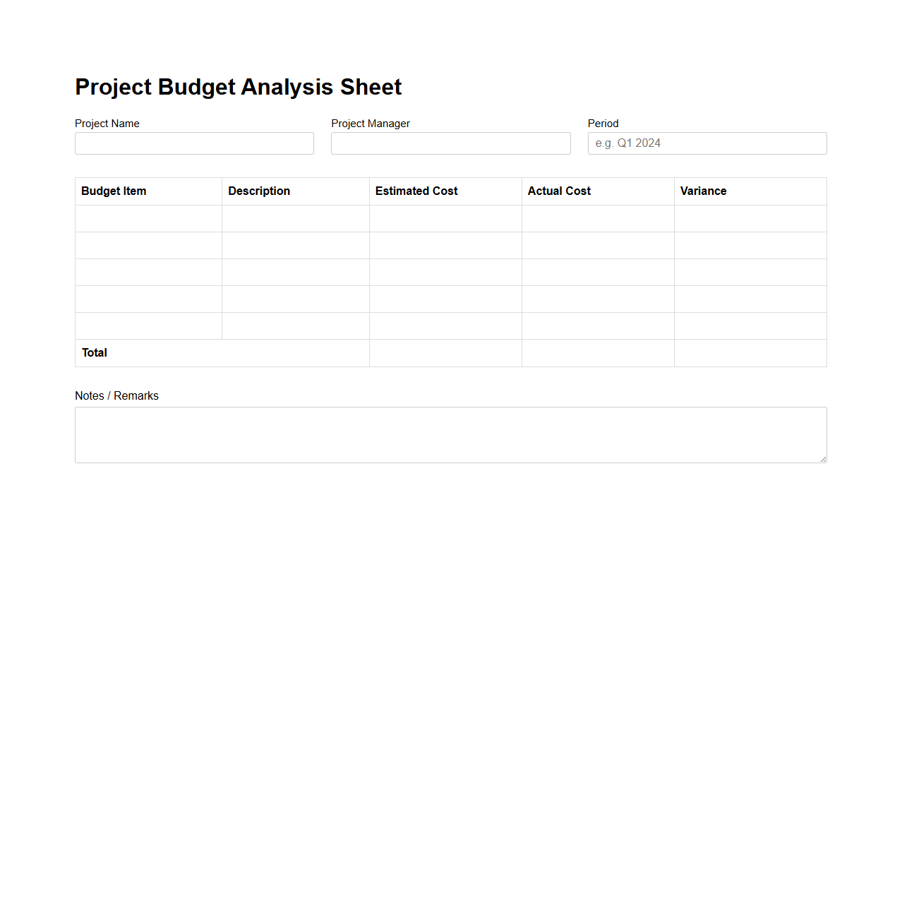 Project Budget Analysis Sheet