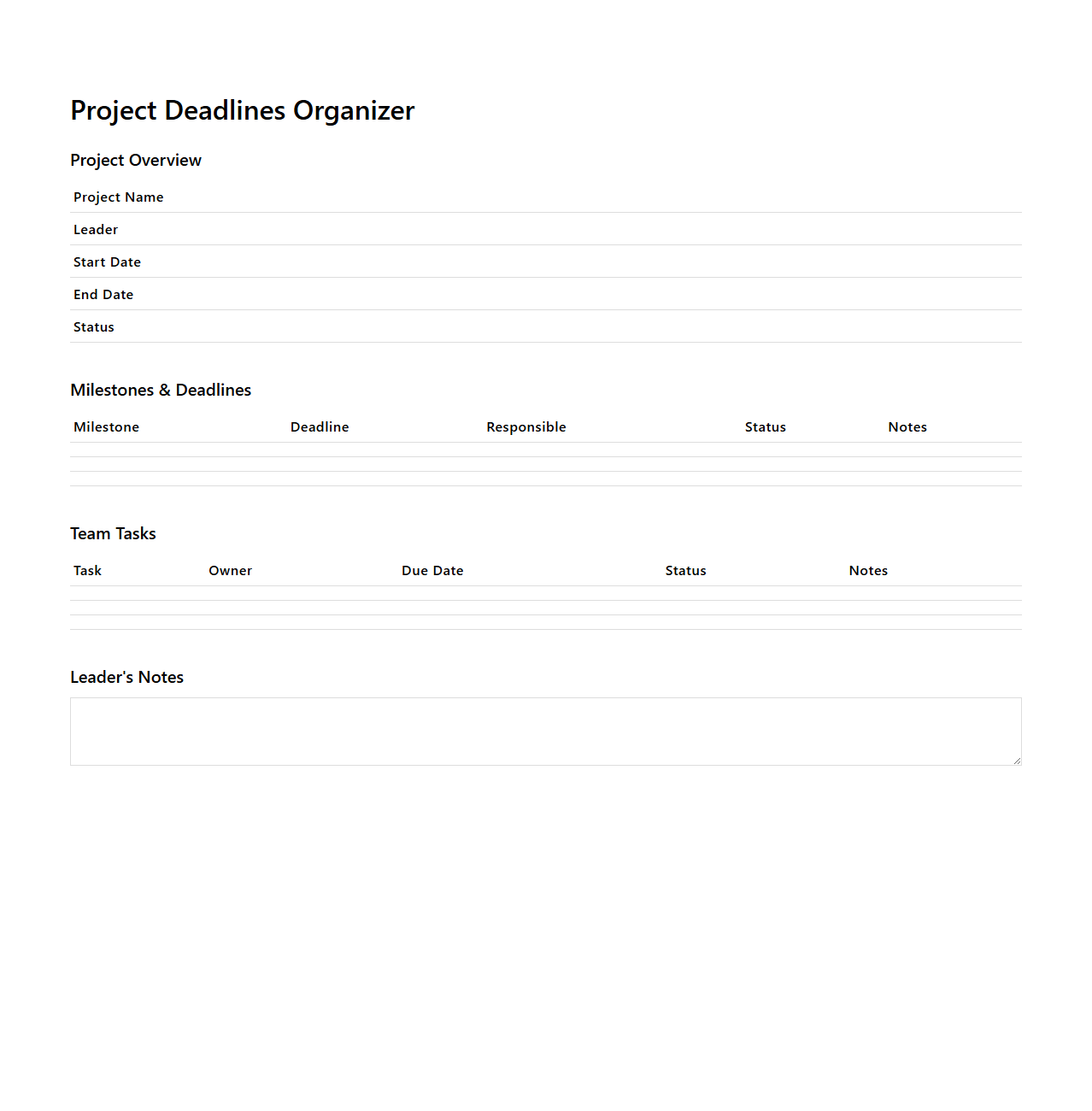 Project Deadlines Organizer for Leaders