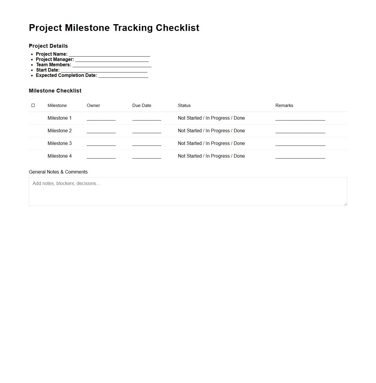 Project Milestone Tracking Checklist for Teams