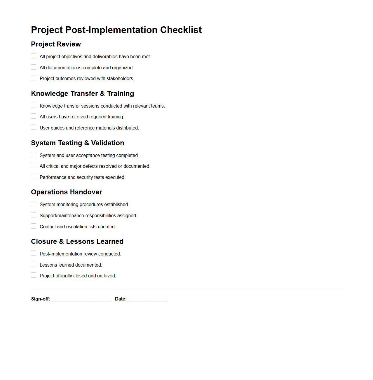 Project Post-Implementation Checklist