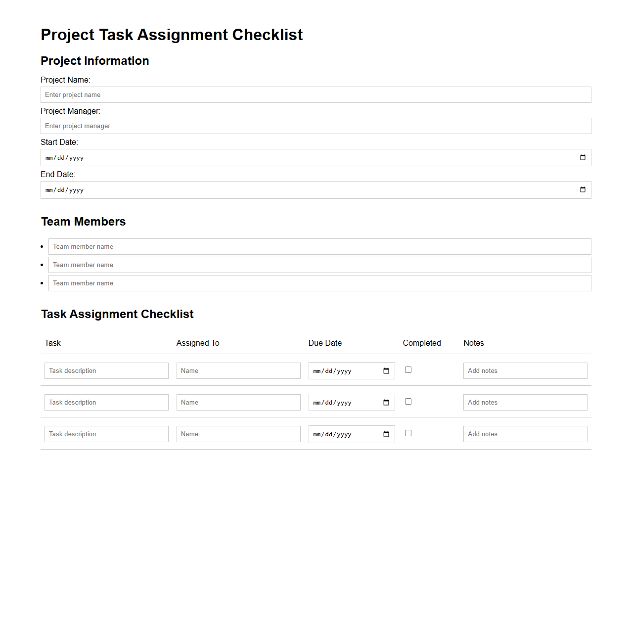 Project Task Assignment Checklist for Teams