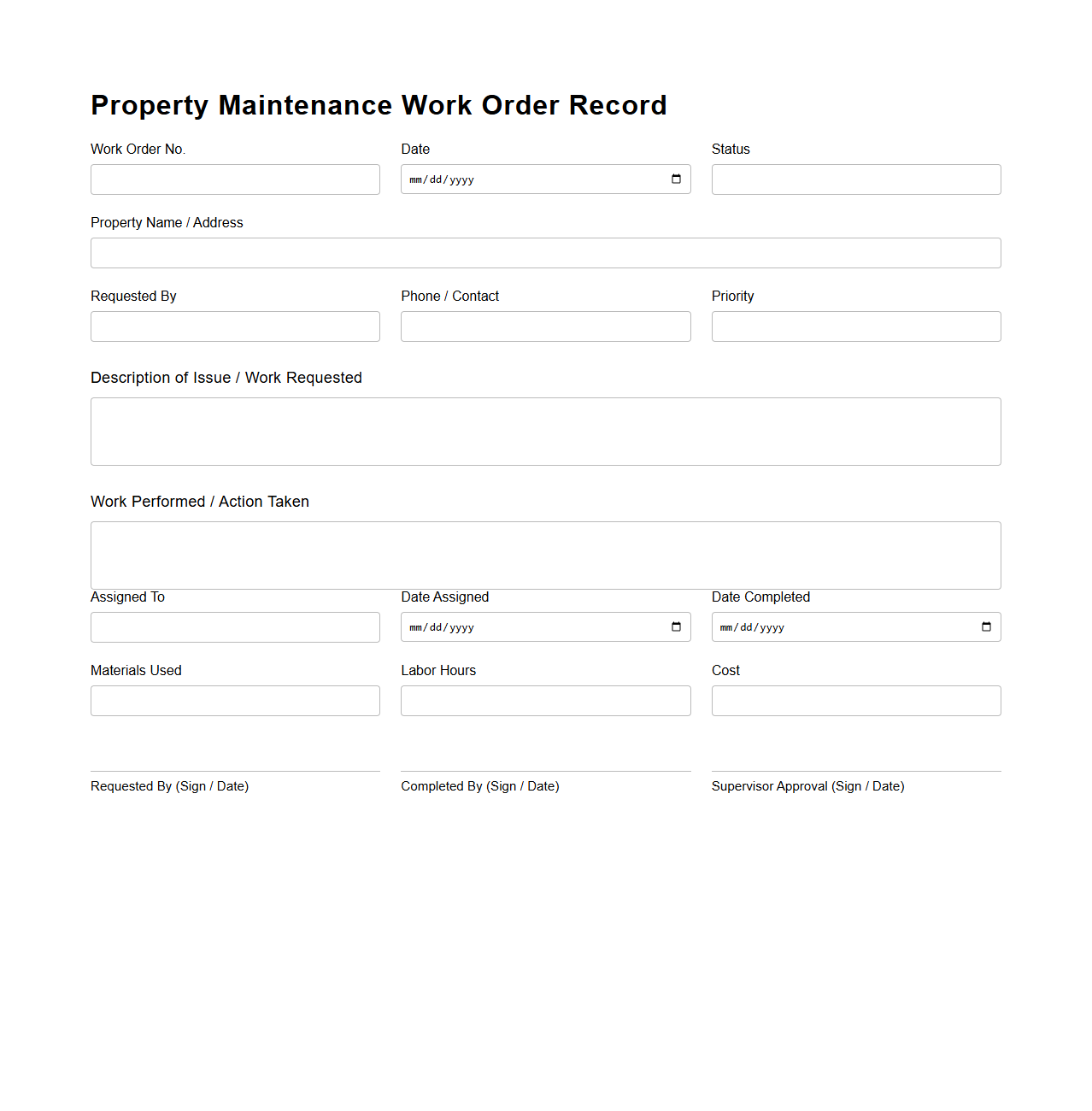 Property Maintenance Work Order Record