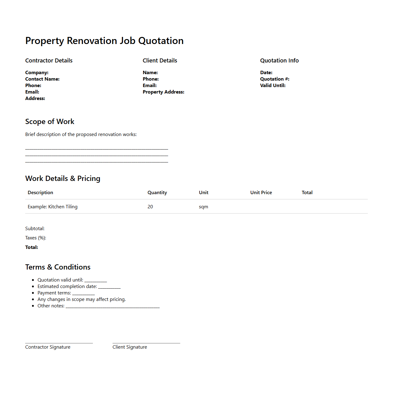 Property Renovation Job Quotation Template
