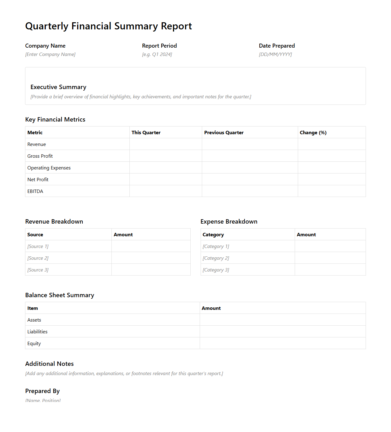 Quarterly Financial Summary Report Template