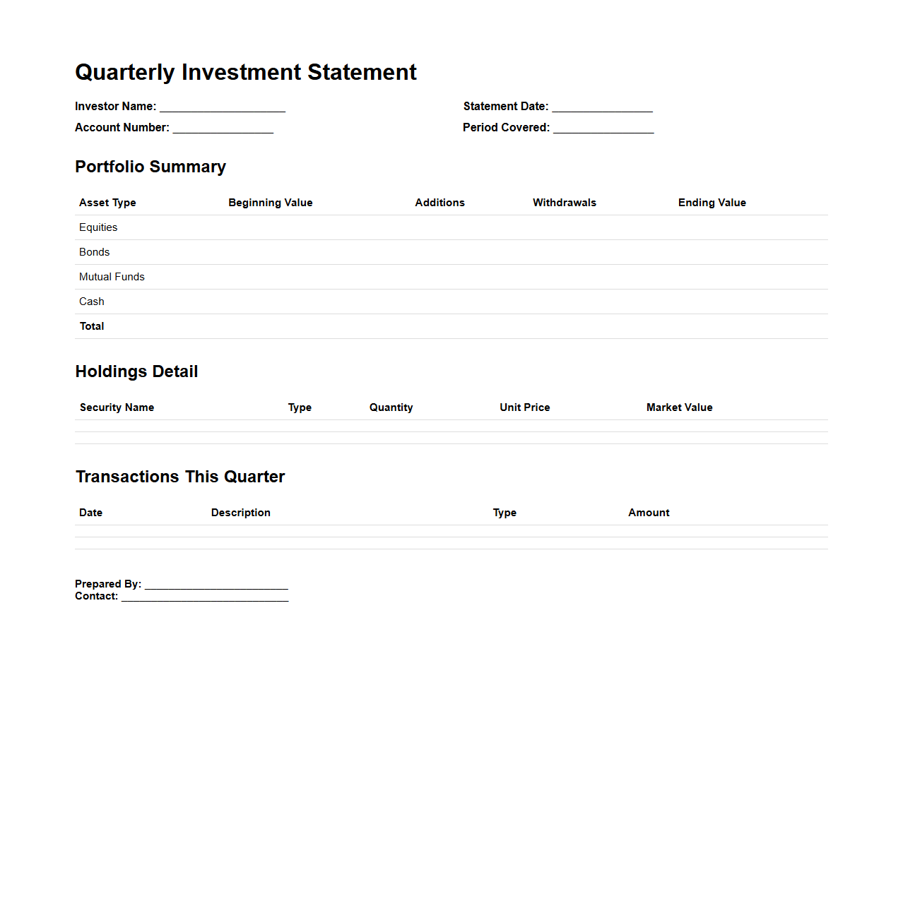 Quarterly Investment Statement Format