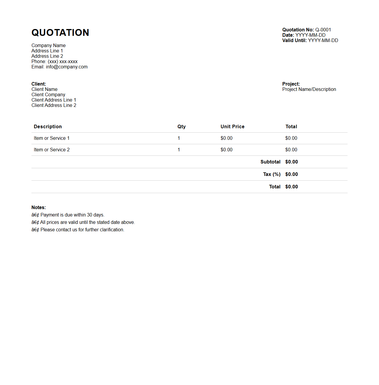 Quotation Document Template for Client Estimates