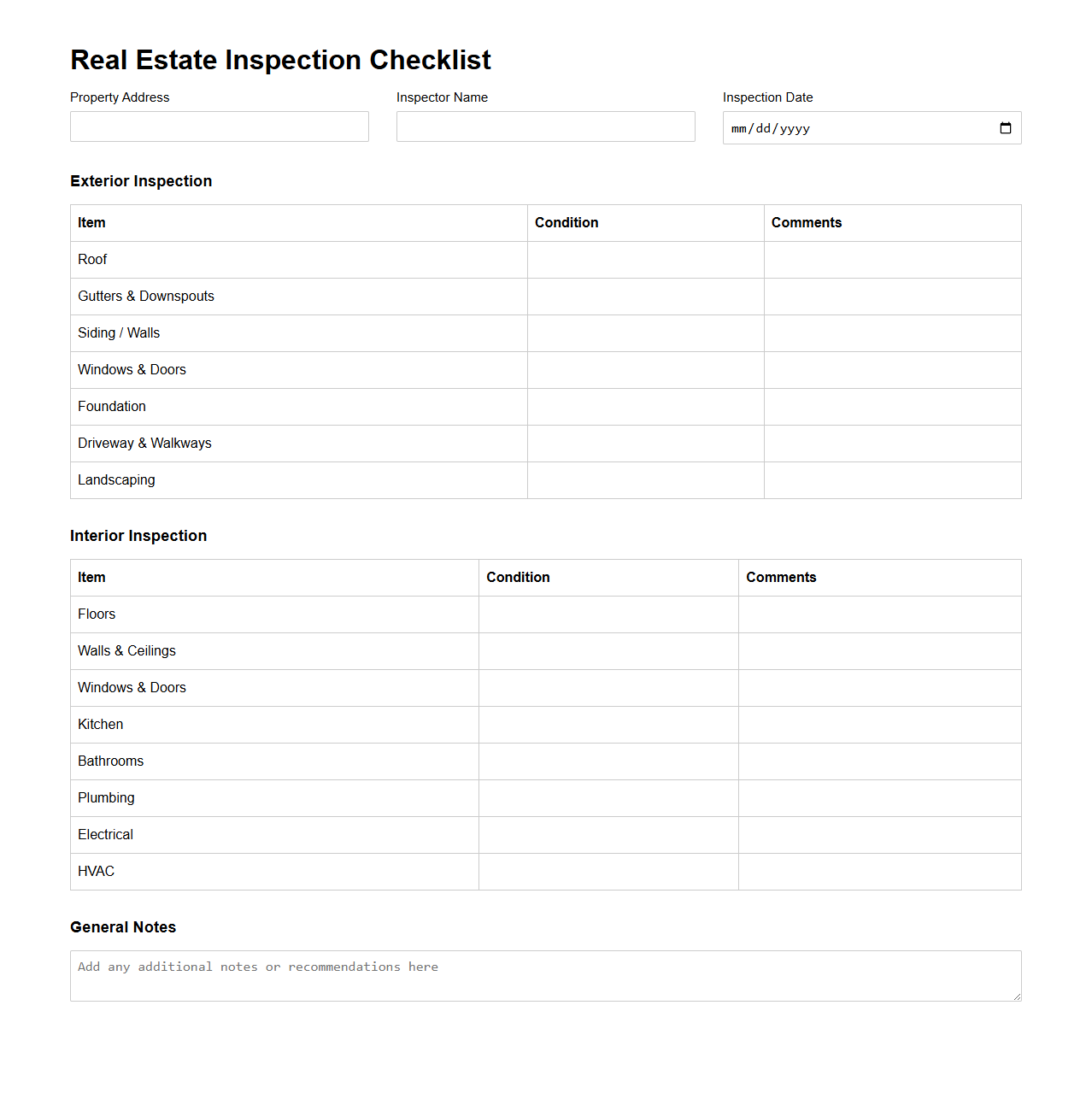 Real Estate Inspection Checklist Layout