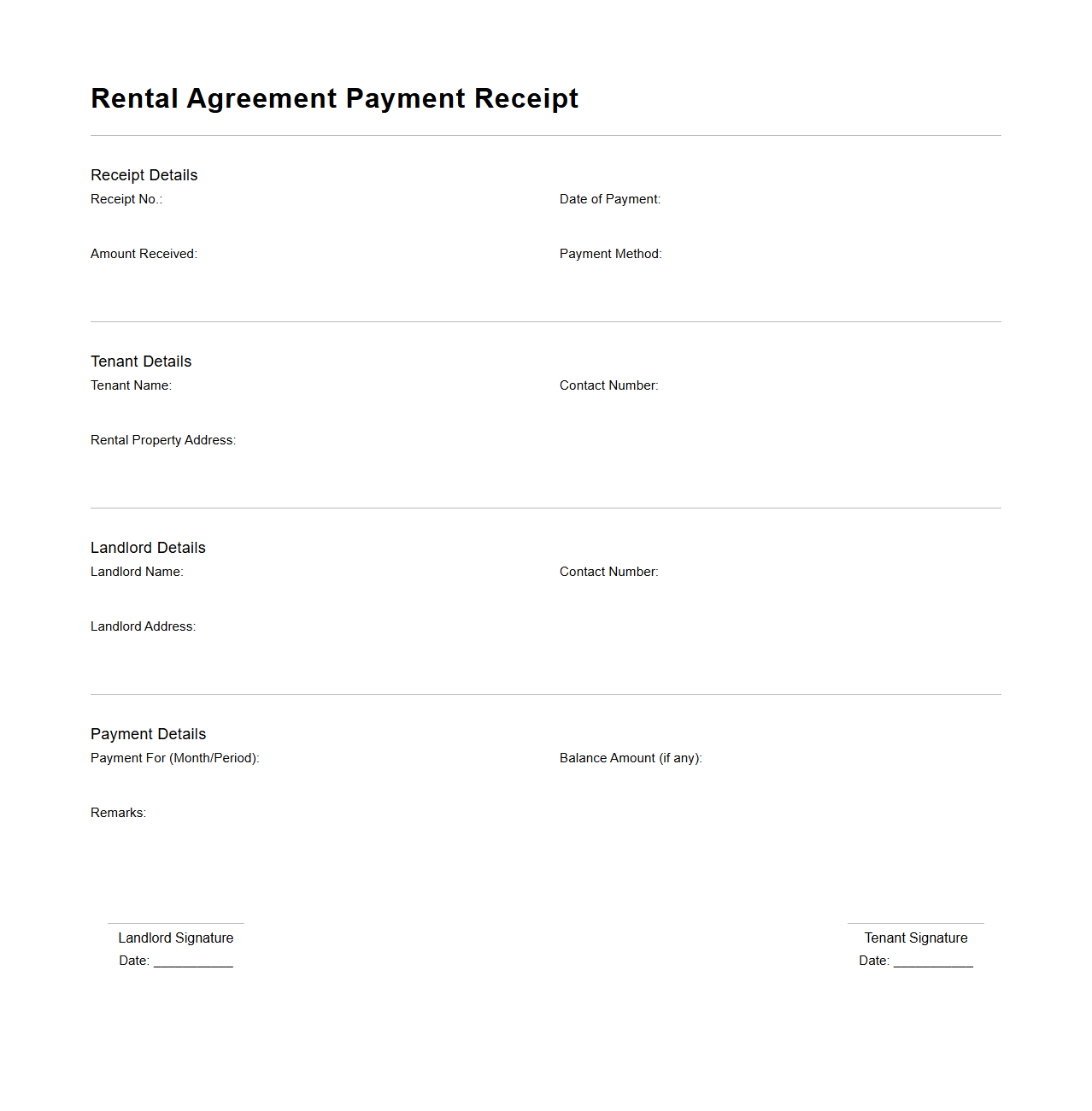 Rental Agreement Payment Receipt for Landlords