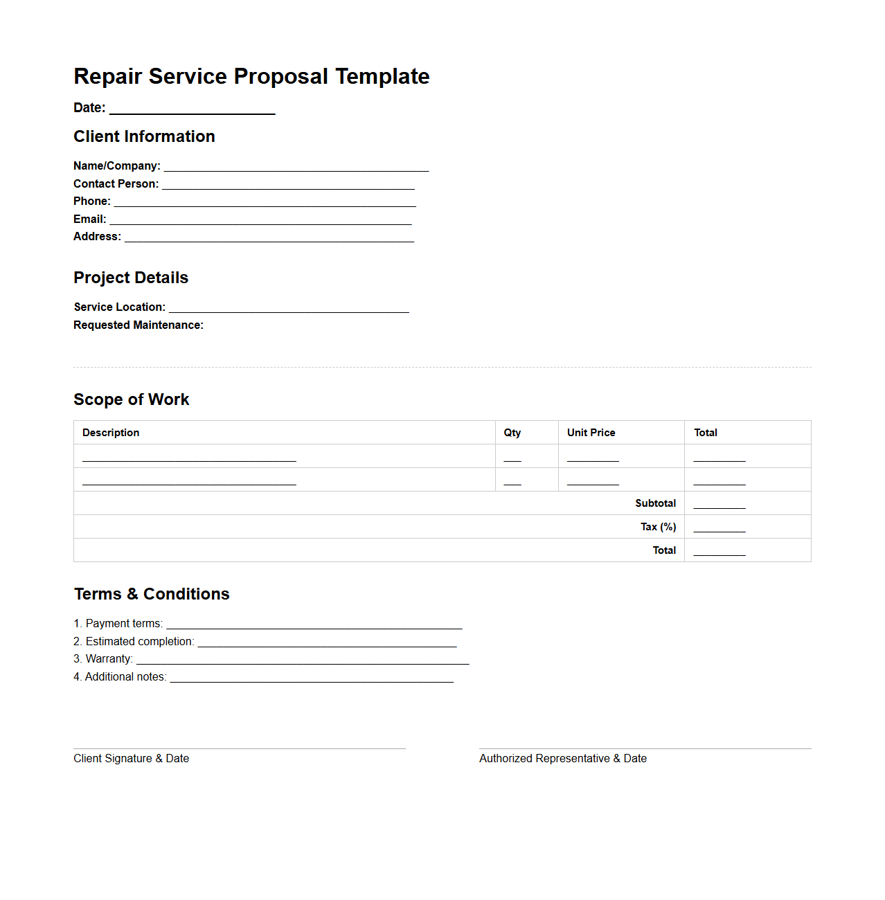 Repair Service Proposal Template for Maintenance Jobs
