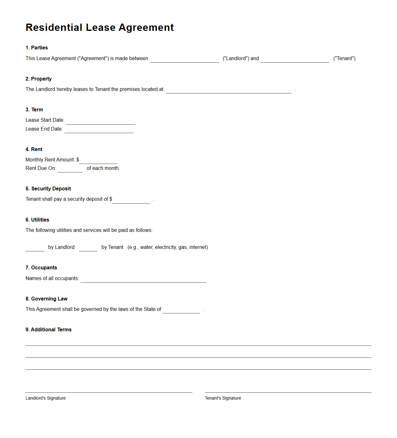 Residential Lease Agreement Blank Template