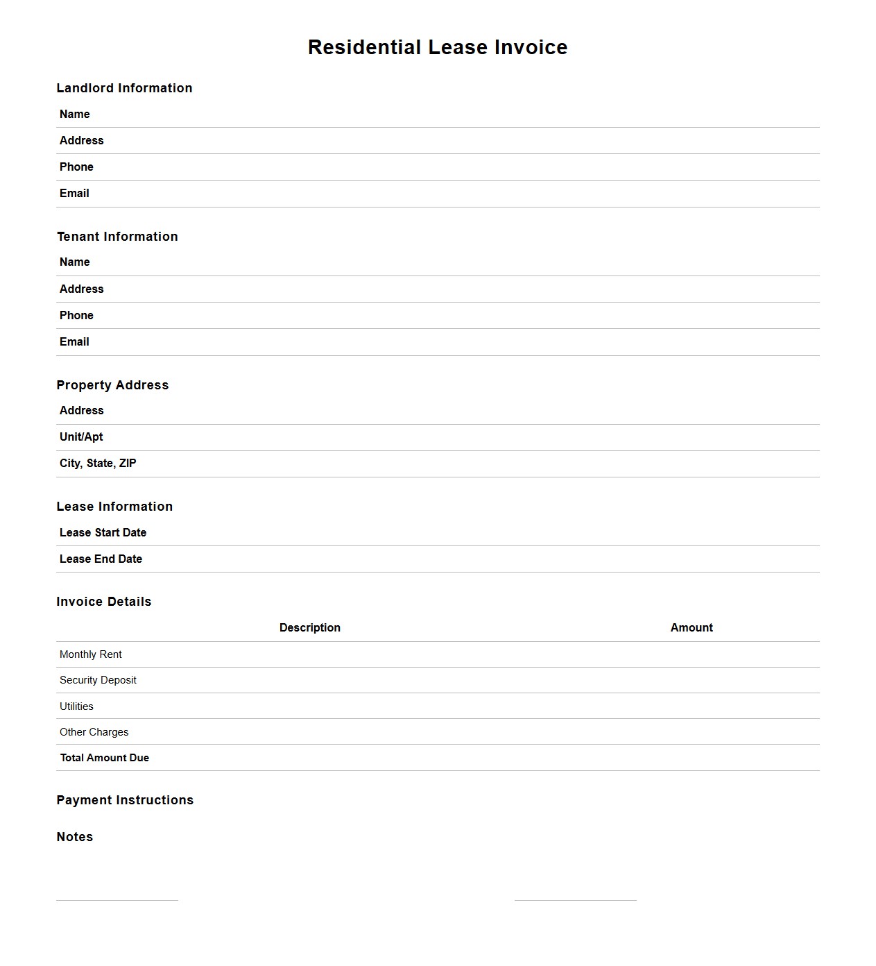 Residential Lease Invoice Blank Form