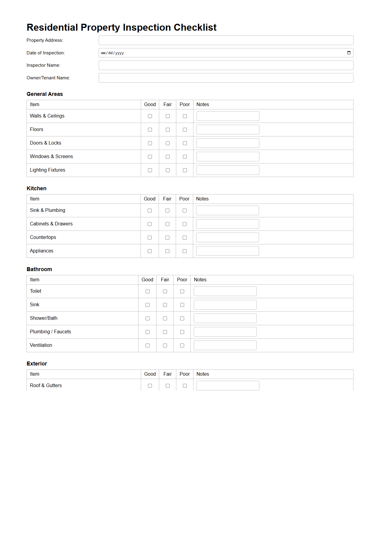 Residential Property Inspection Checklist Form