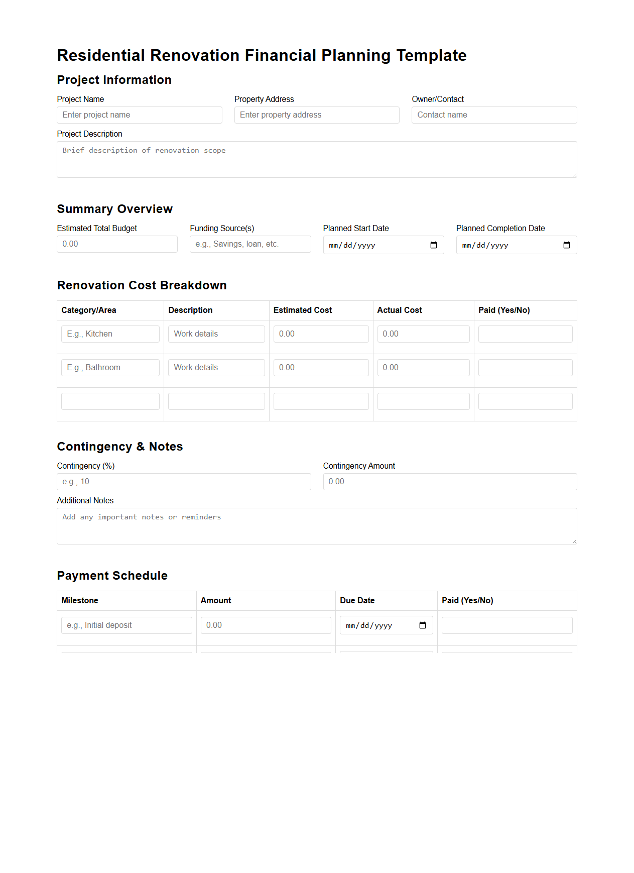 Residential Renovation Financial Planning Template