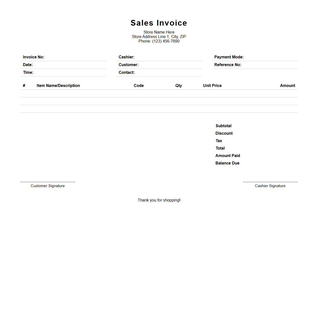 Retail Counter Sales Invoice Layout
