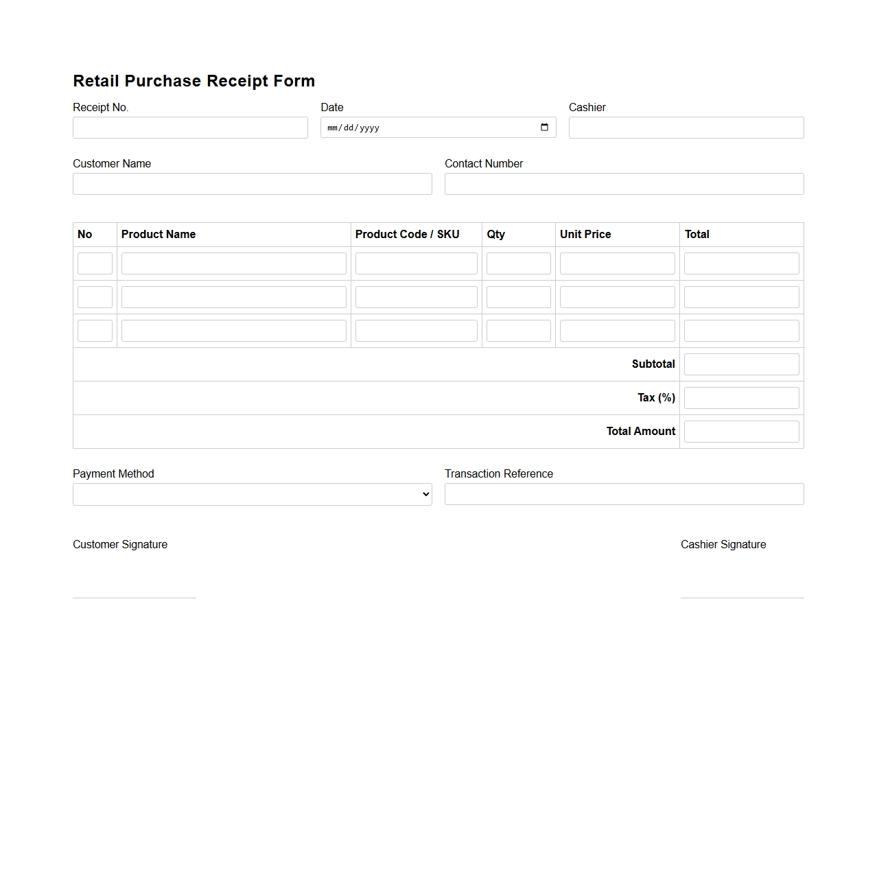 Retail Purchase Receipt Form for Products