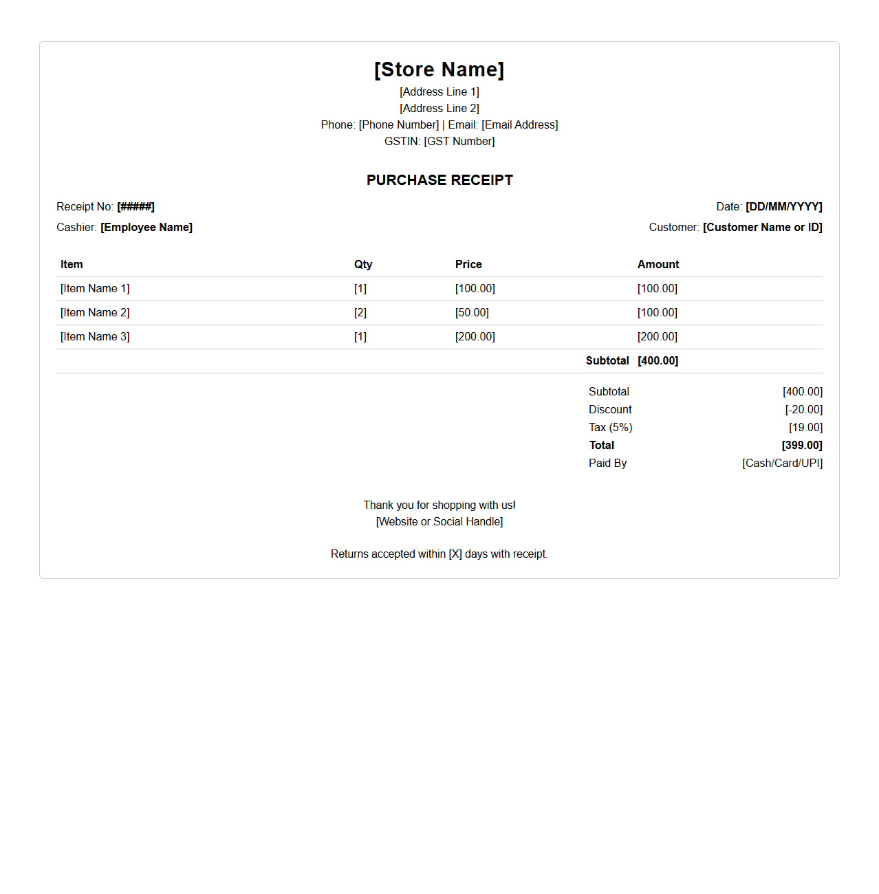 Retail Store Purchase Receipt Format