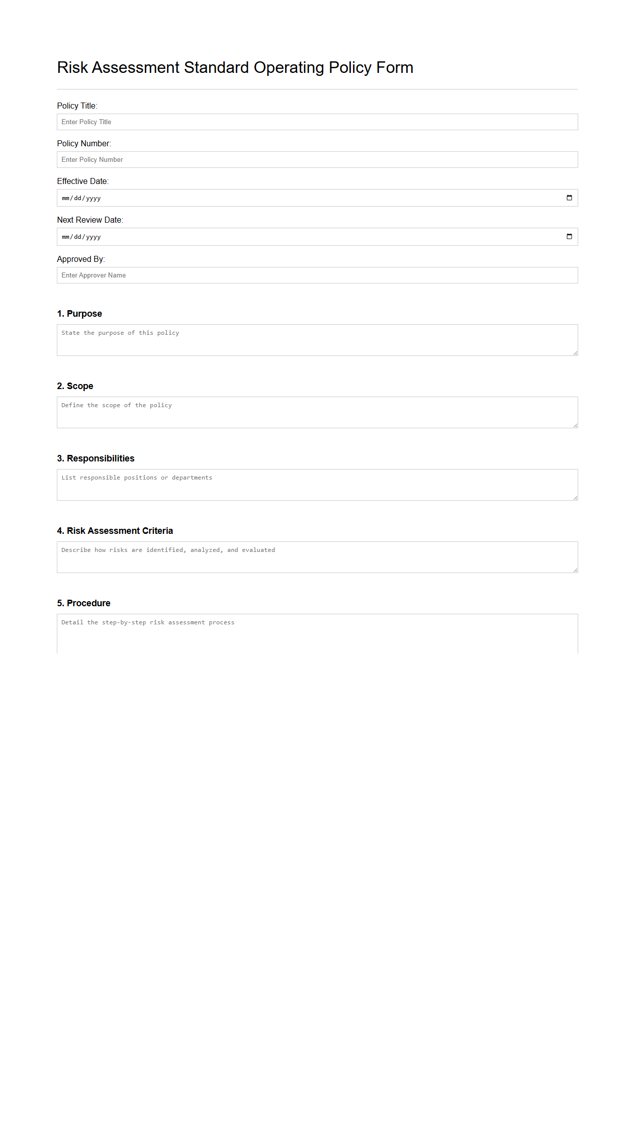 Risk Assessment Standard Operating Policy Form