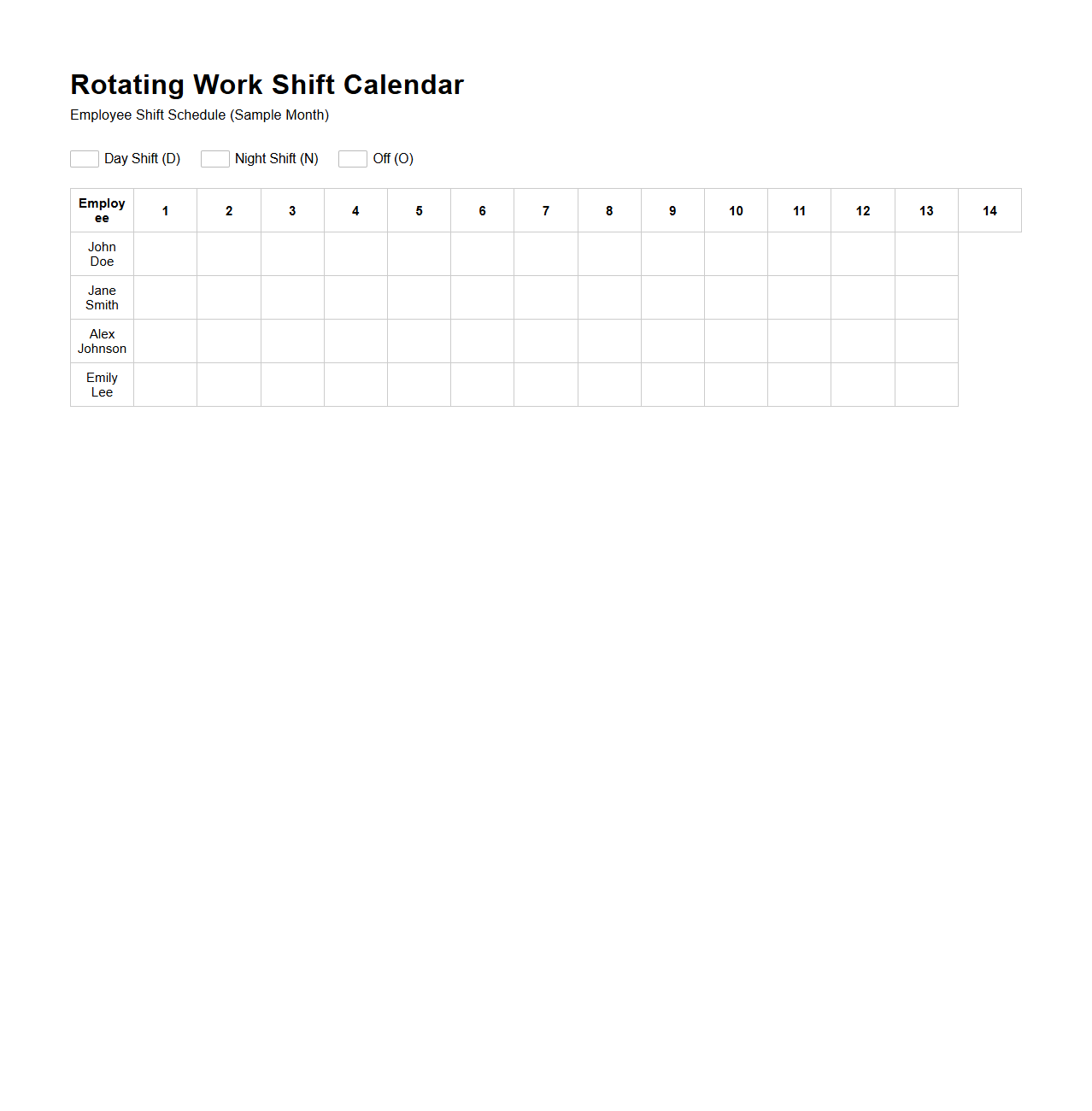 Rotating Work Shift Calendar Template for Employees