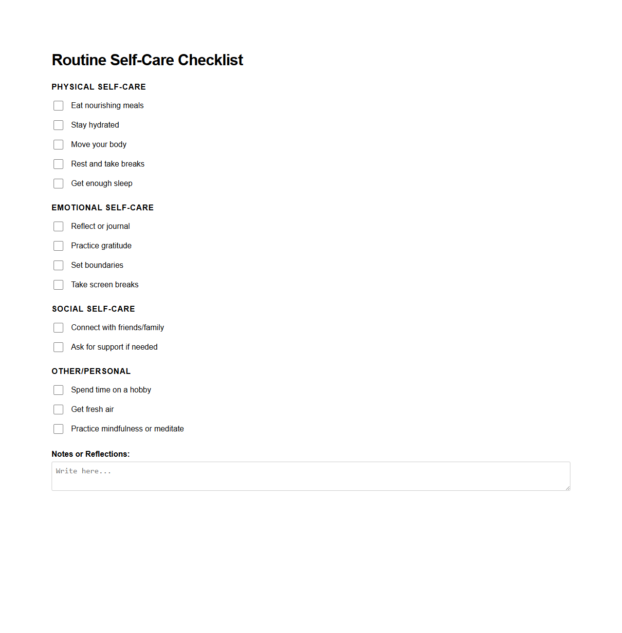 Routine Self-Care Checklist Template