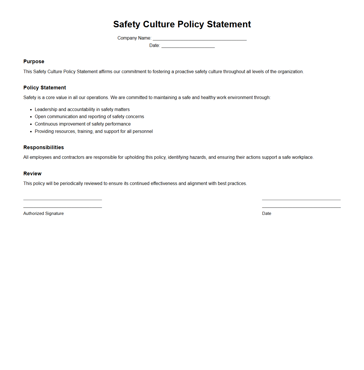 Safety Culture Policy Statement Format