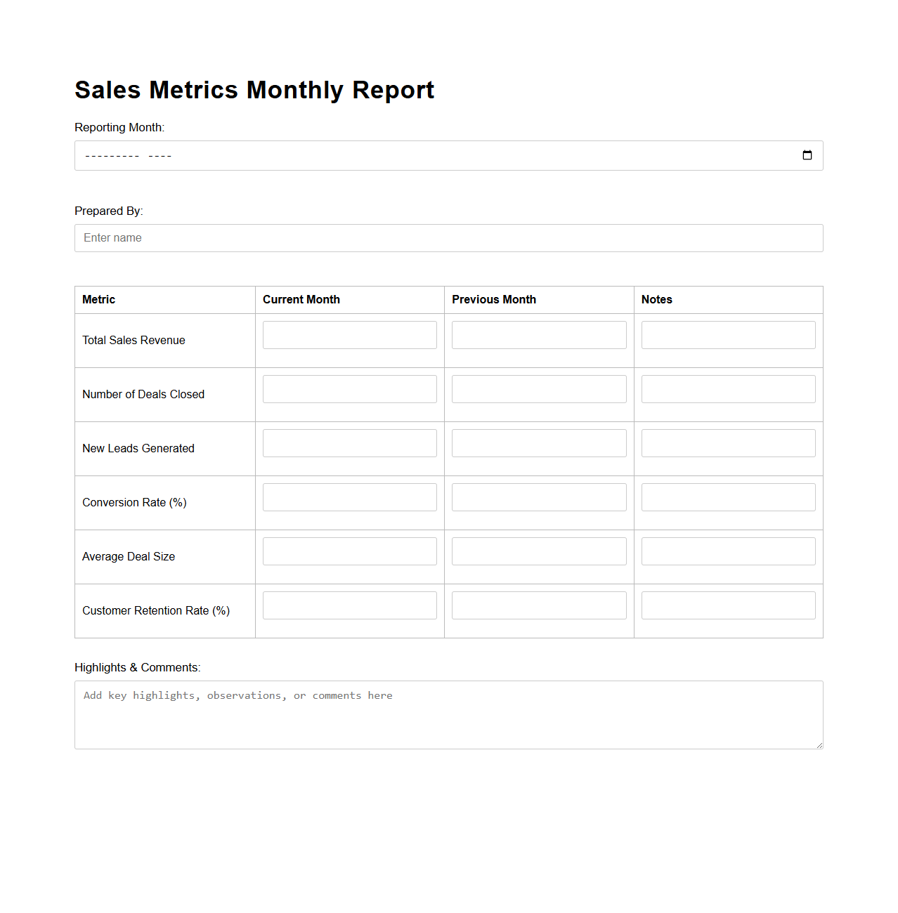Sales Metrics Monthly Report Blank Form