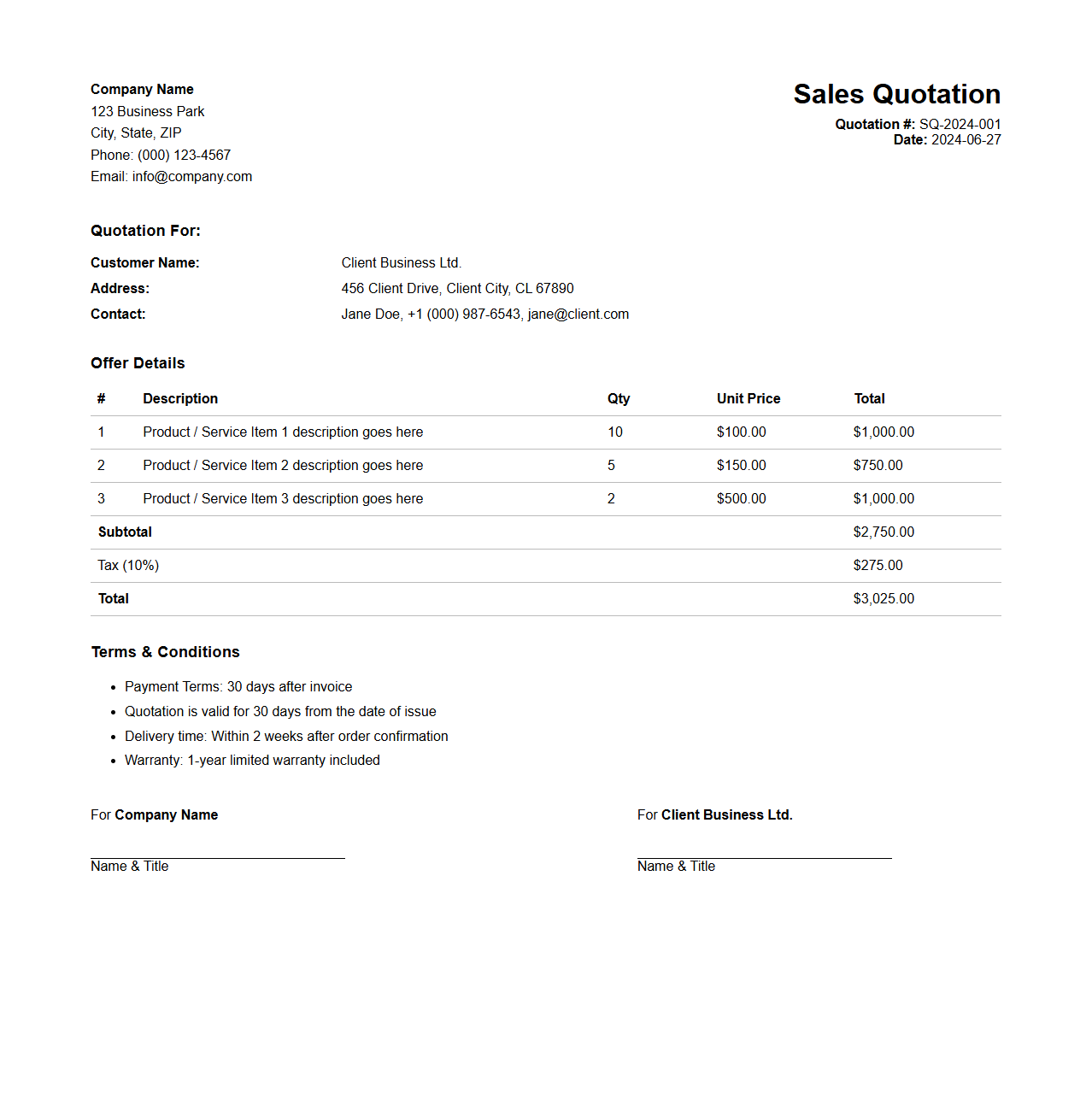 Sales Quotation Layout Template for B2B Offers