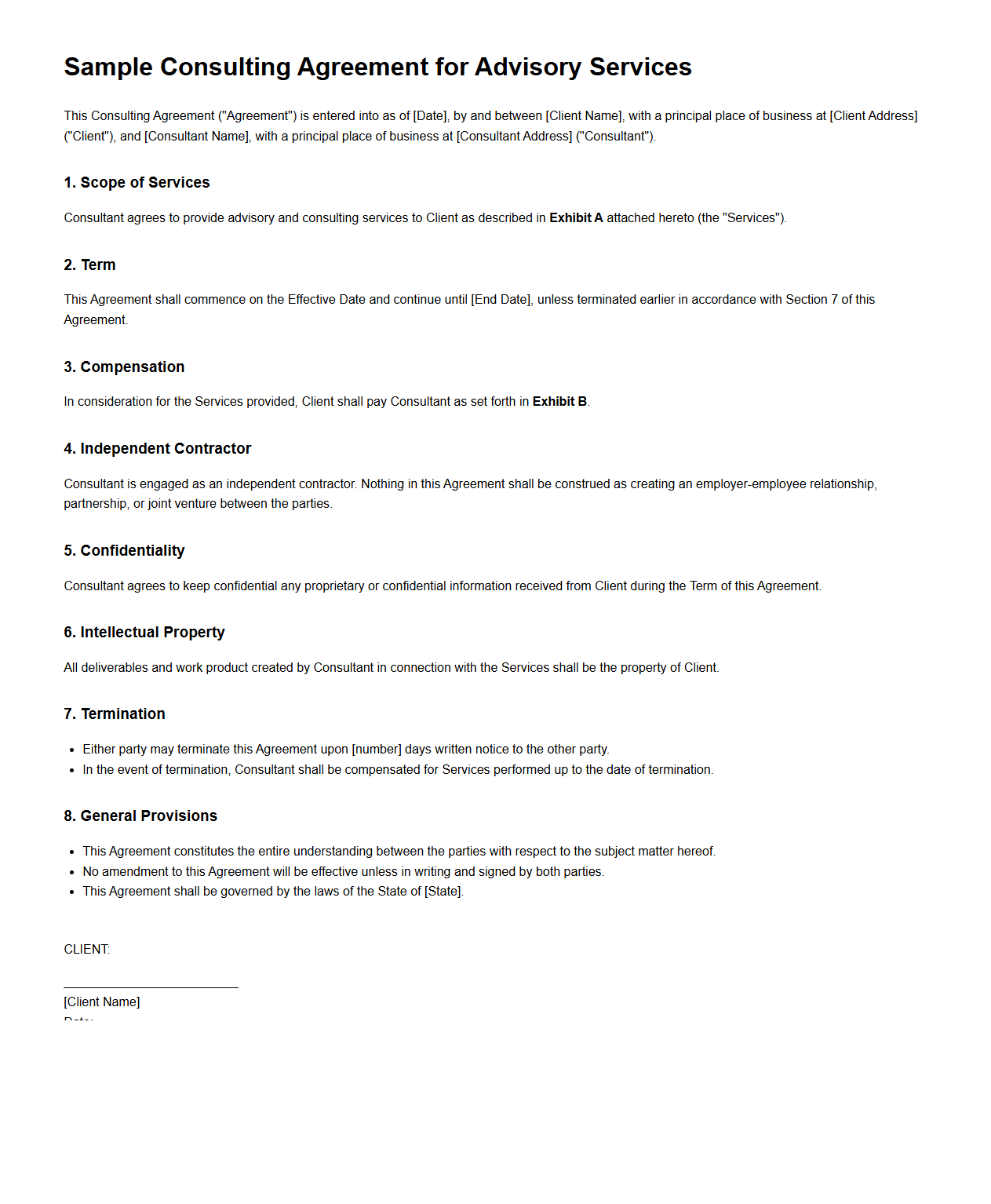 Sample Consulting Agreement for Advisory Services