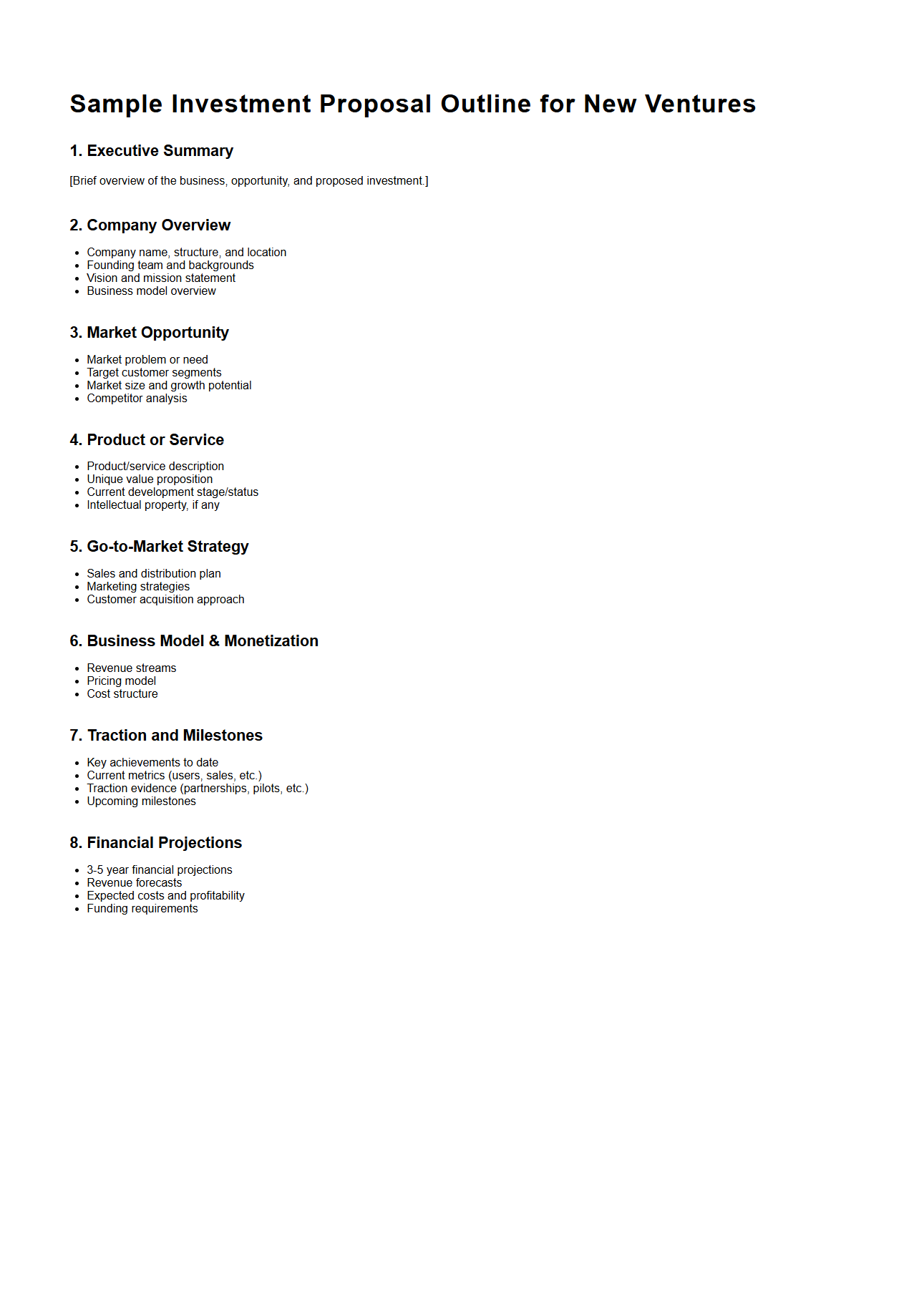 Sample Investment Proposal Outline for New Ventures