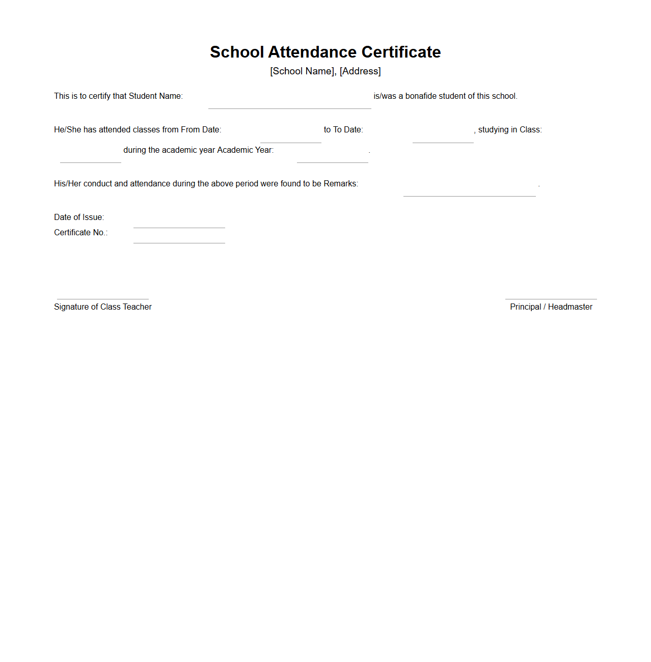School Attendance Certificate Format