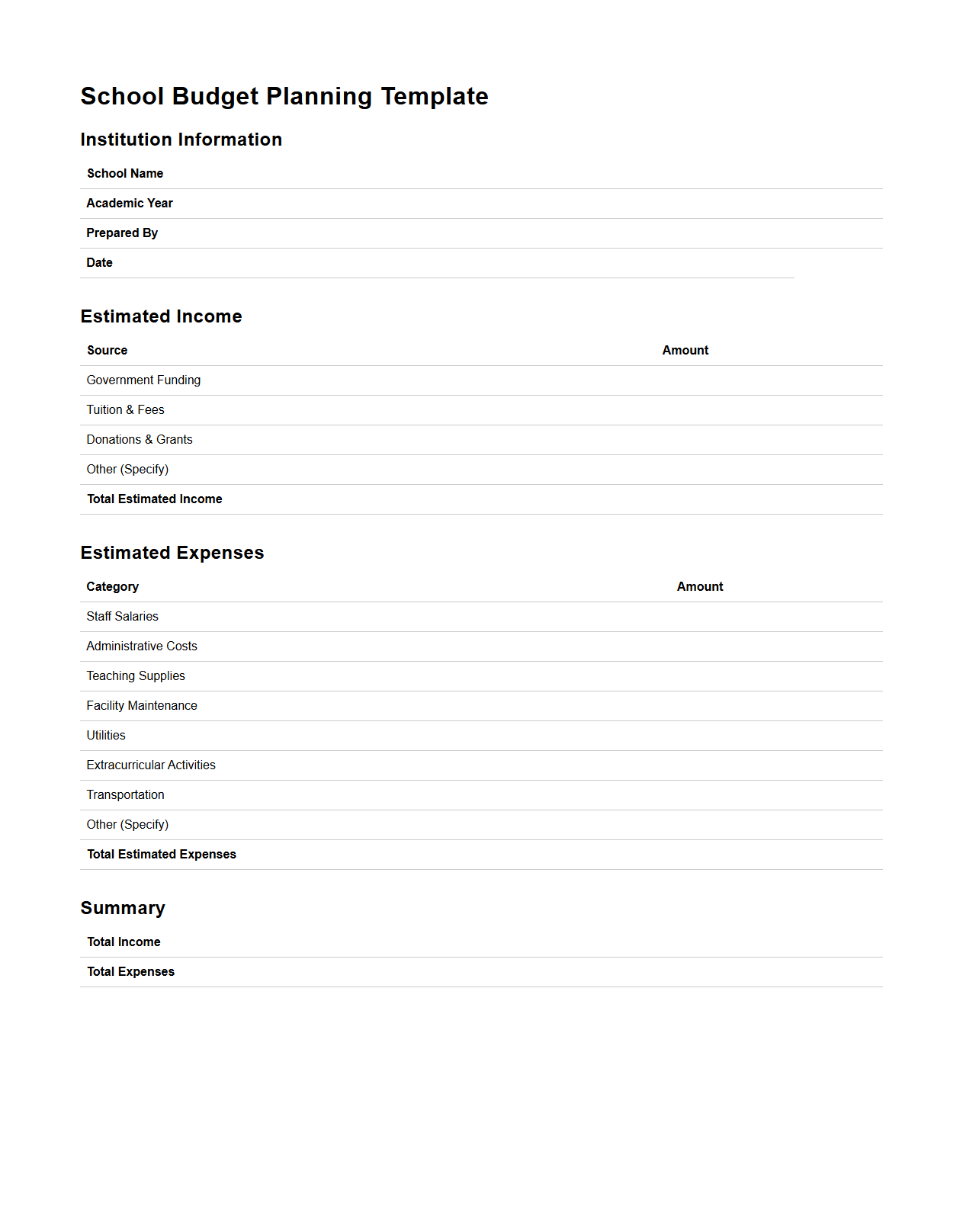 School Budget Planning Template for Academic Institutions