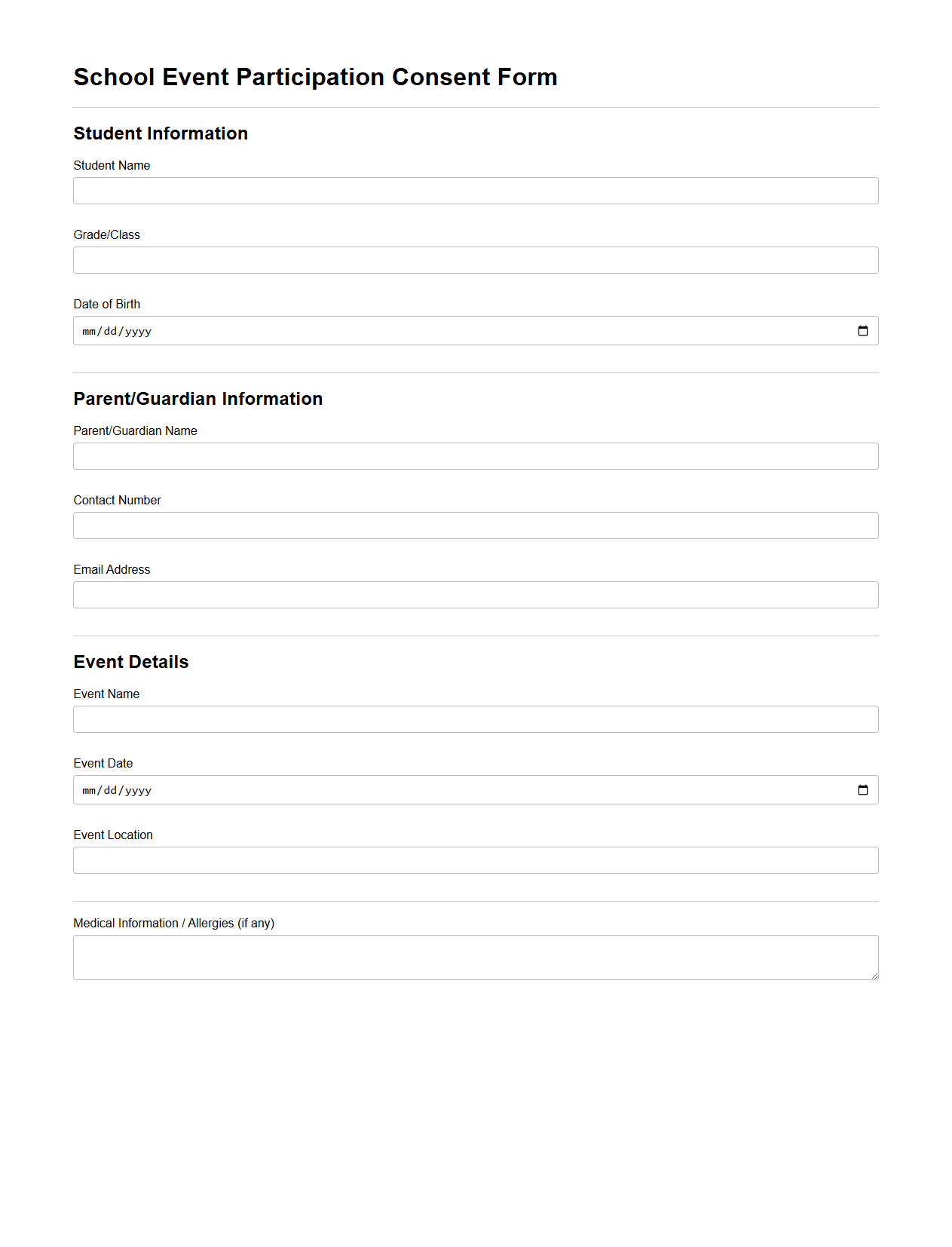 School Event Participation Consent Form