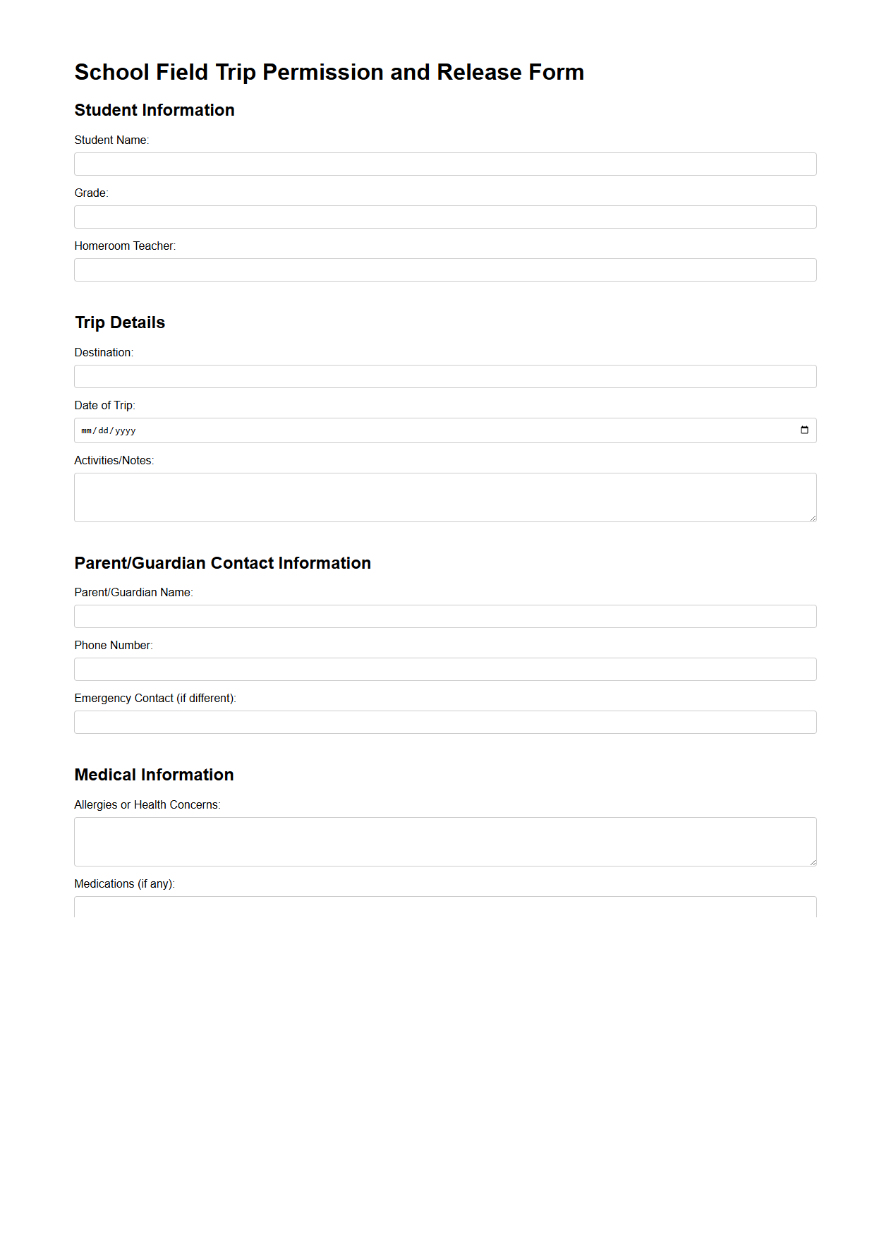 School Field Trip Permission and Release Form