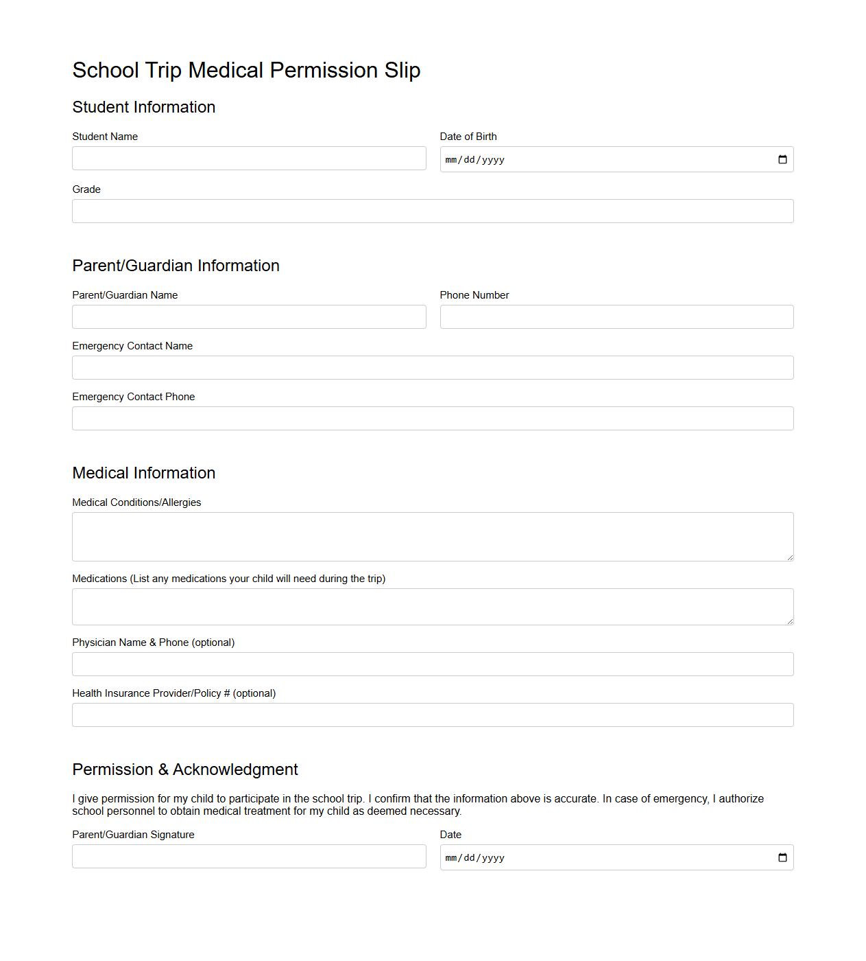School Trip Medical Permission Slip