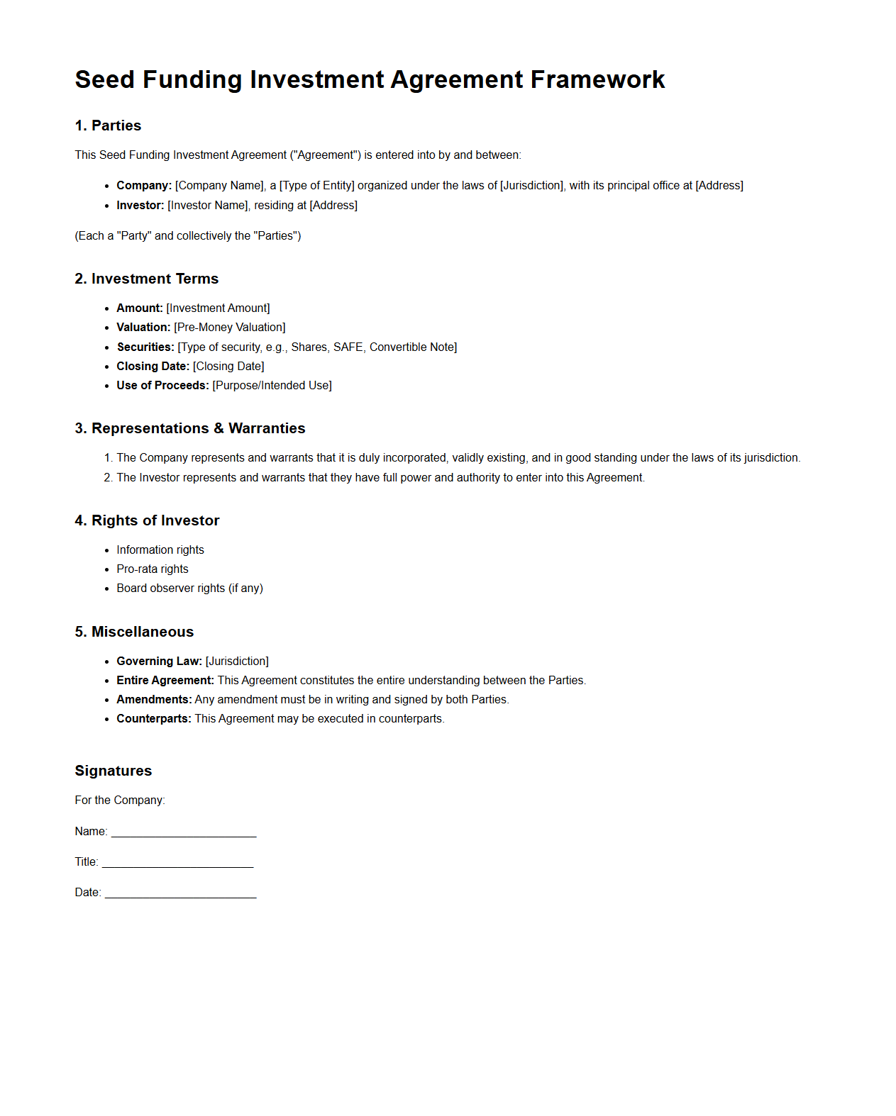 Seed Funding Investment Agreement Framework