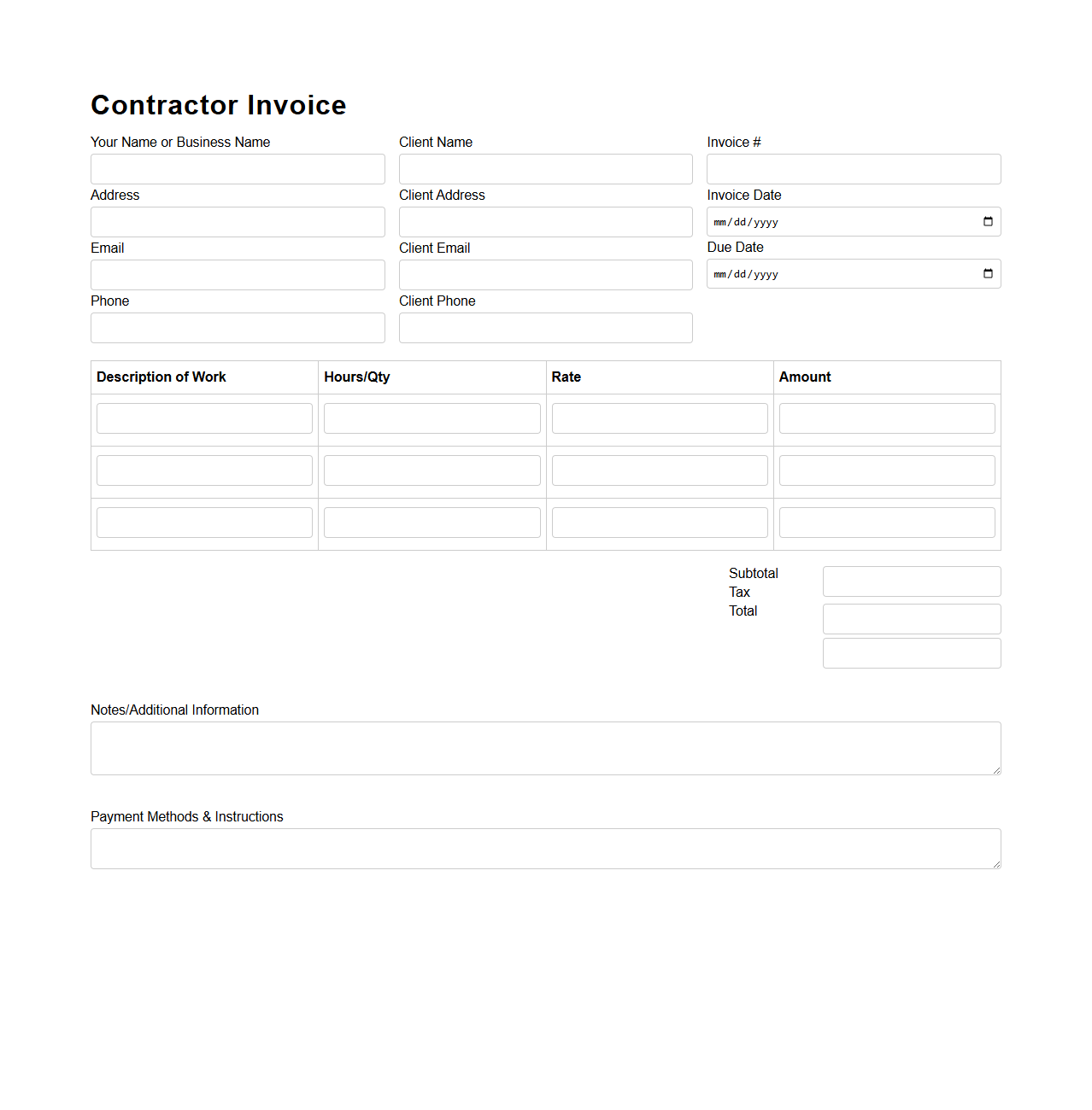Self-Employed Contractor Invoice Form