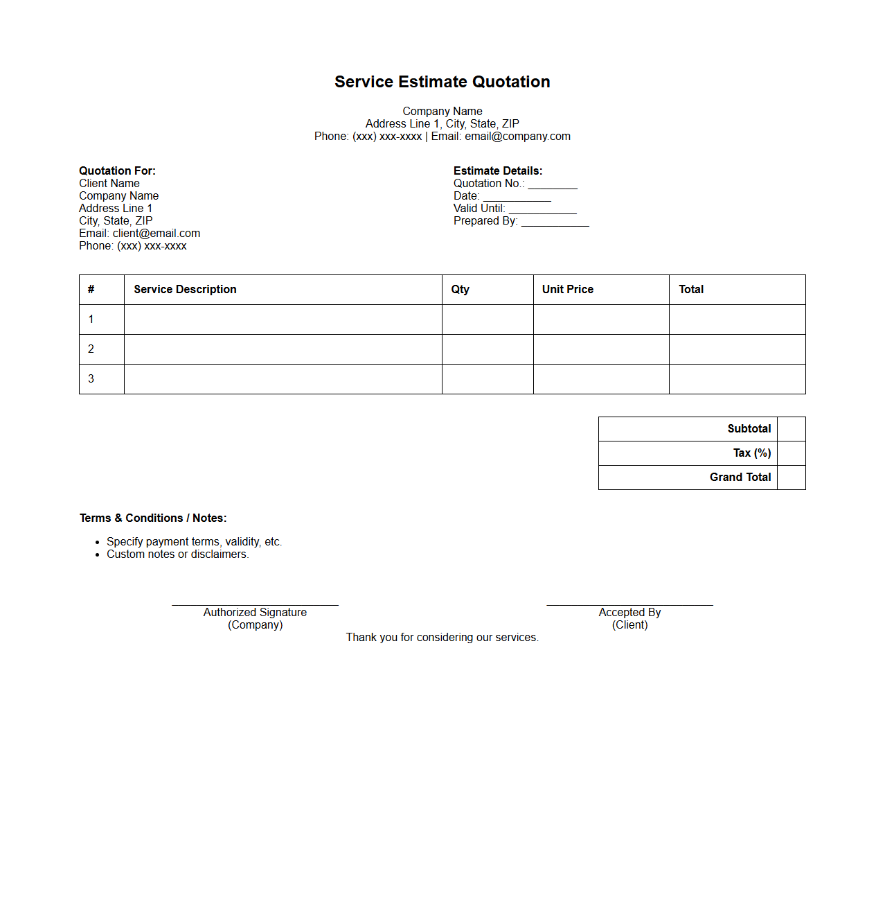 Service Estimate Quotation Template for Companies