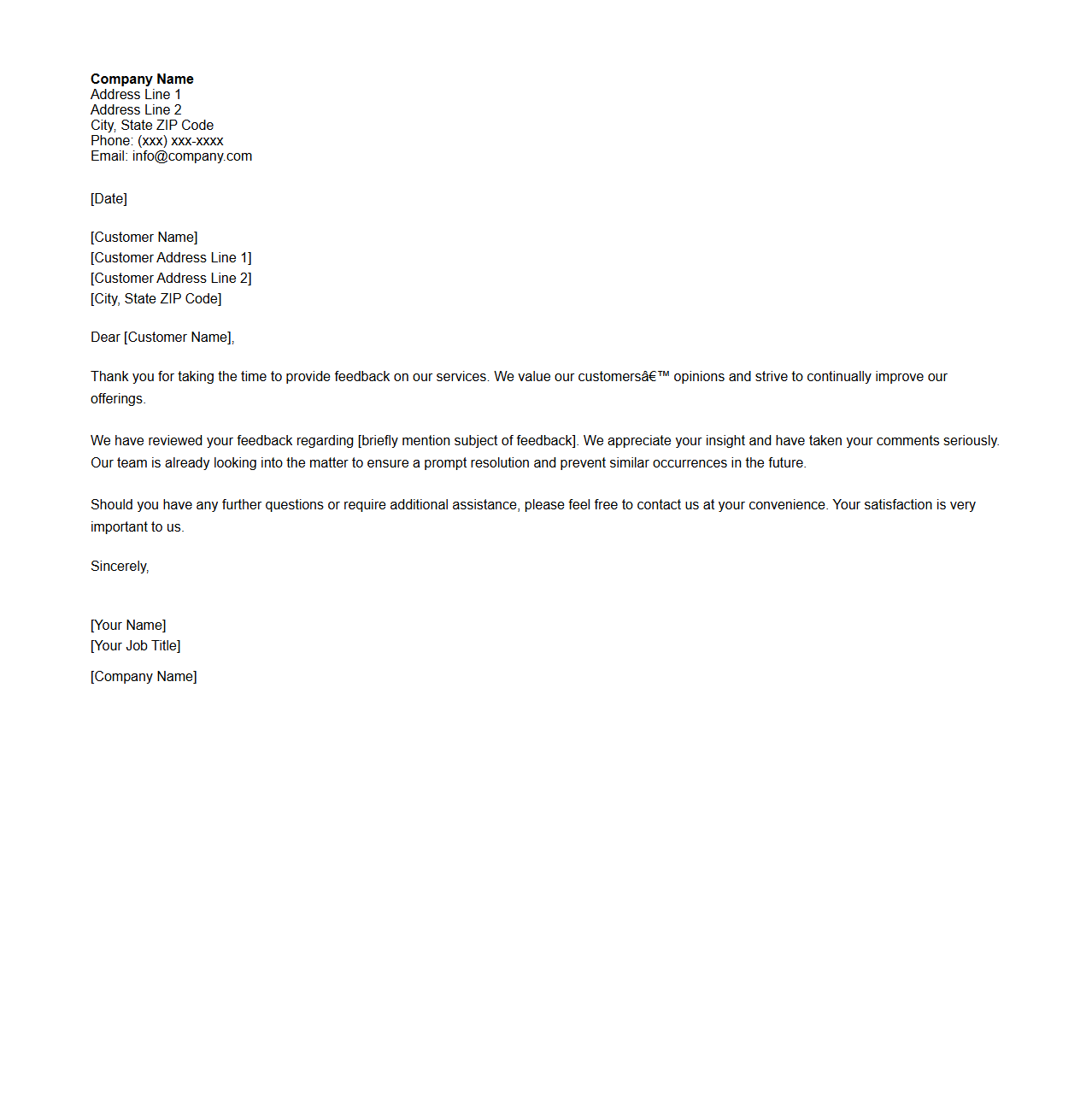 Service Feedback Response Letter Layout