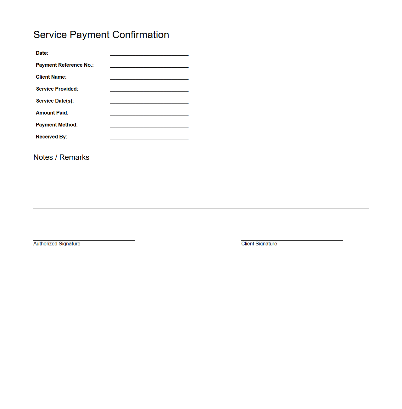 Service Payment Confirmation Blank Template