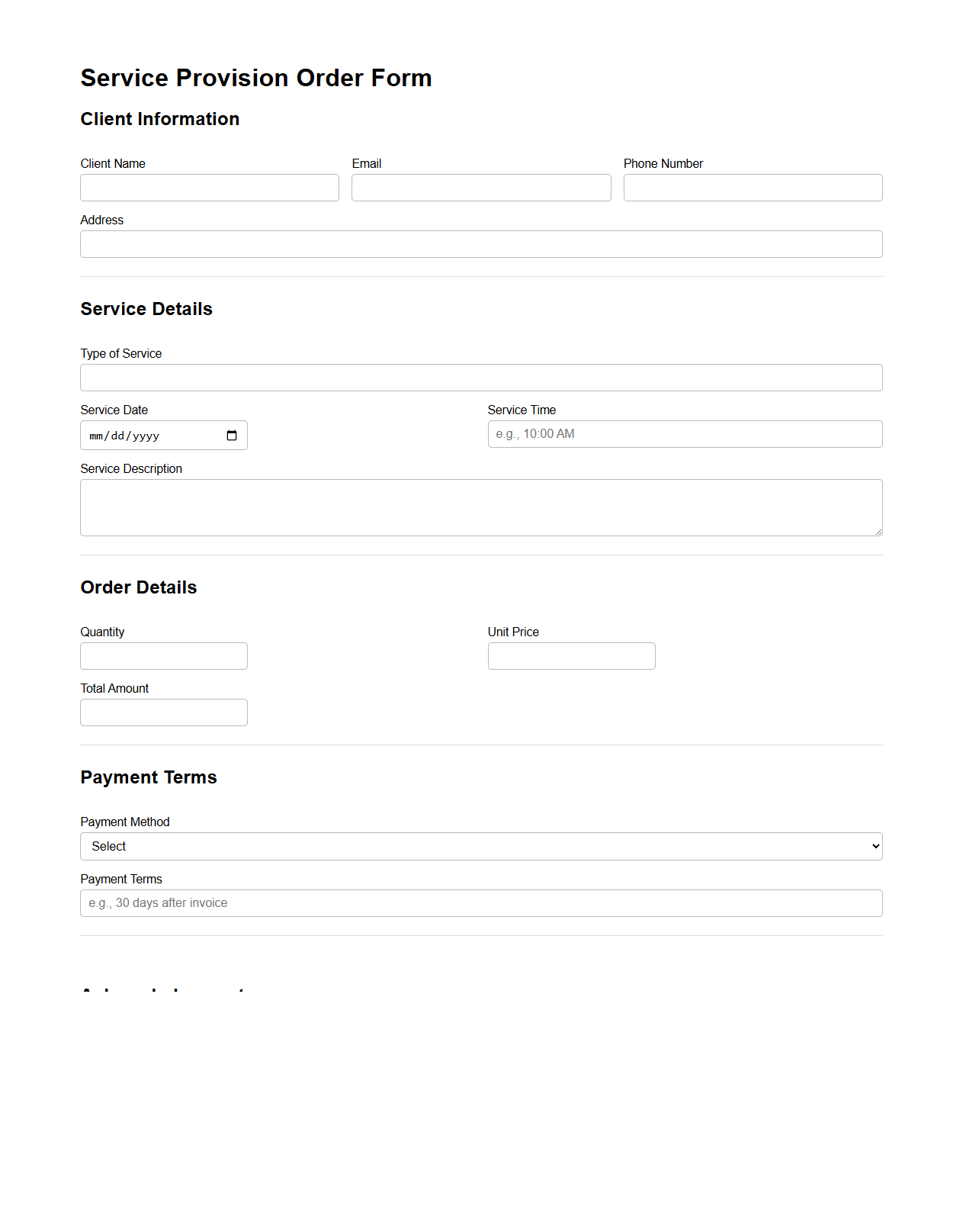 Service Provision Order Form for Clients
