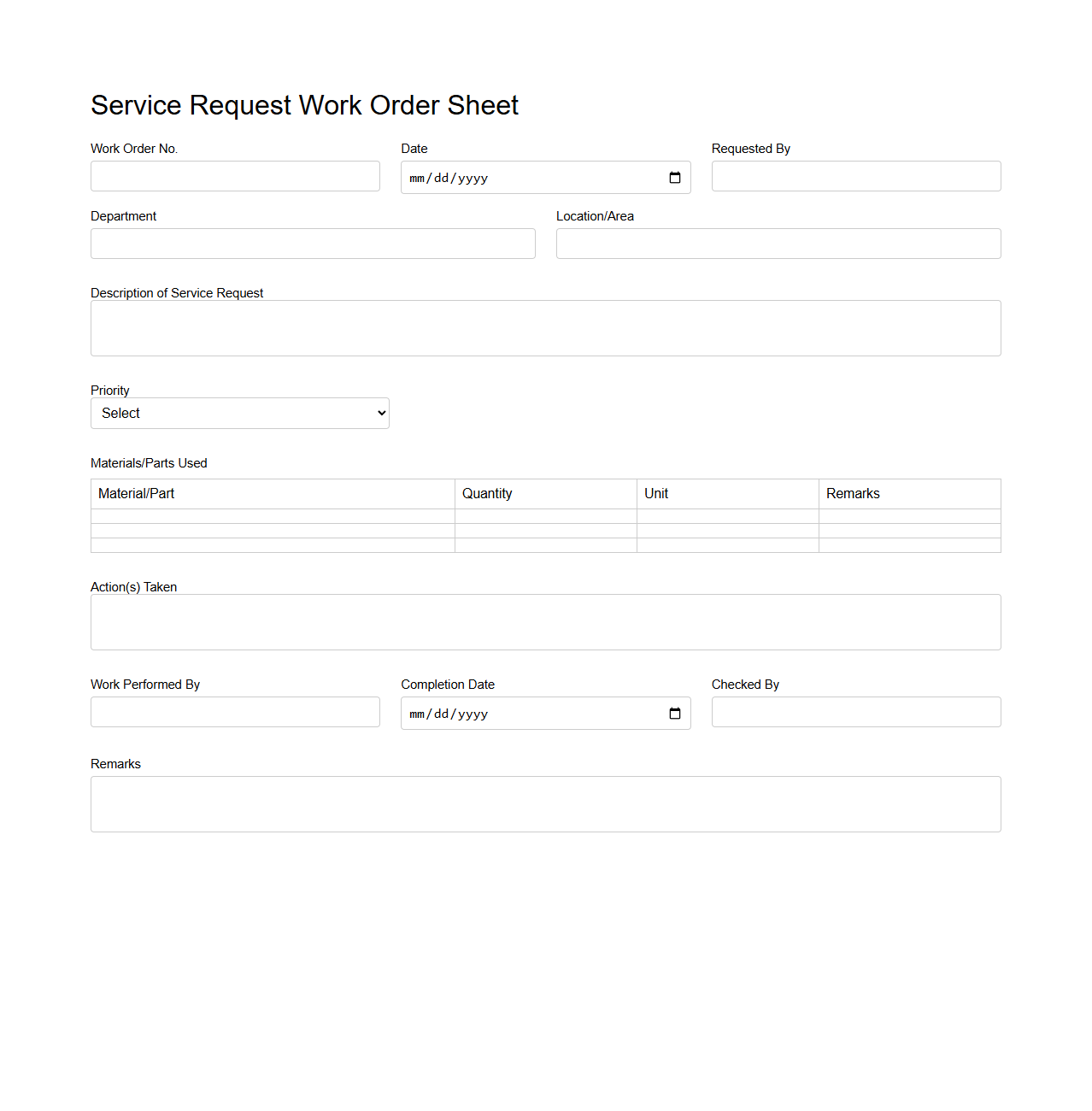 Service Request Work Order Sheet