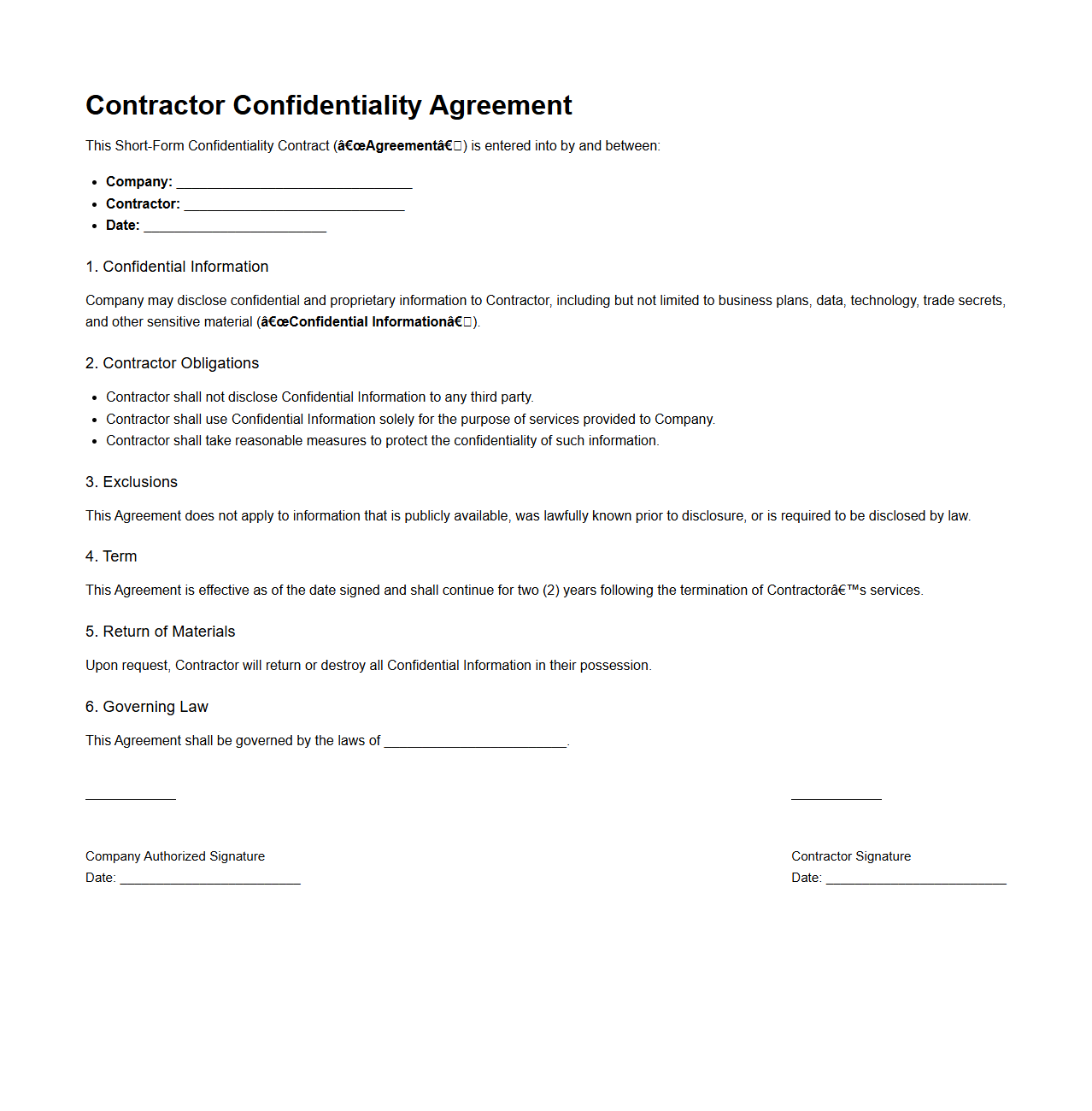 Short-Form Contractor Confidentiality Contract