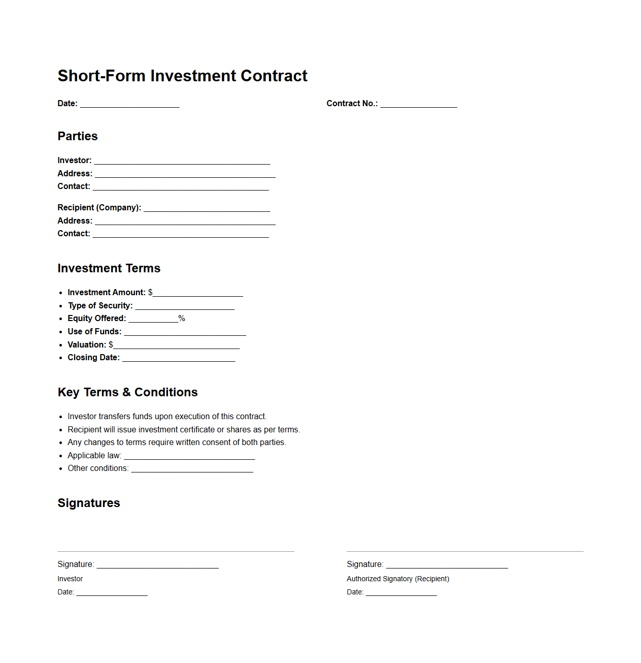Short-Form Investment Contract Layout