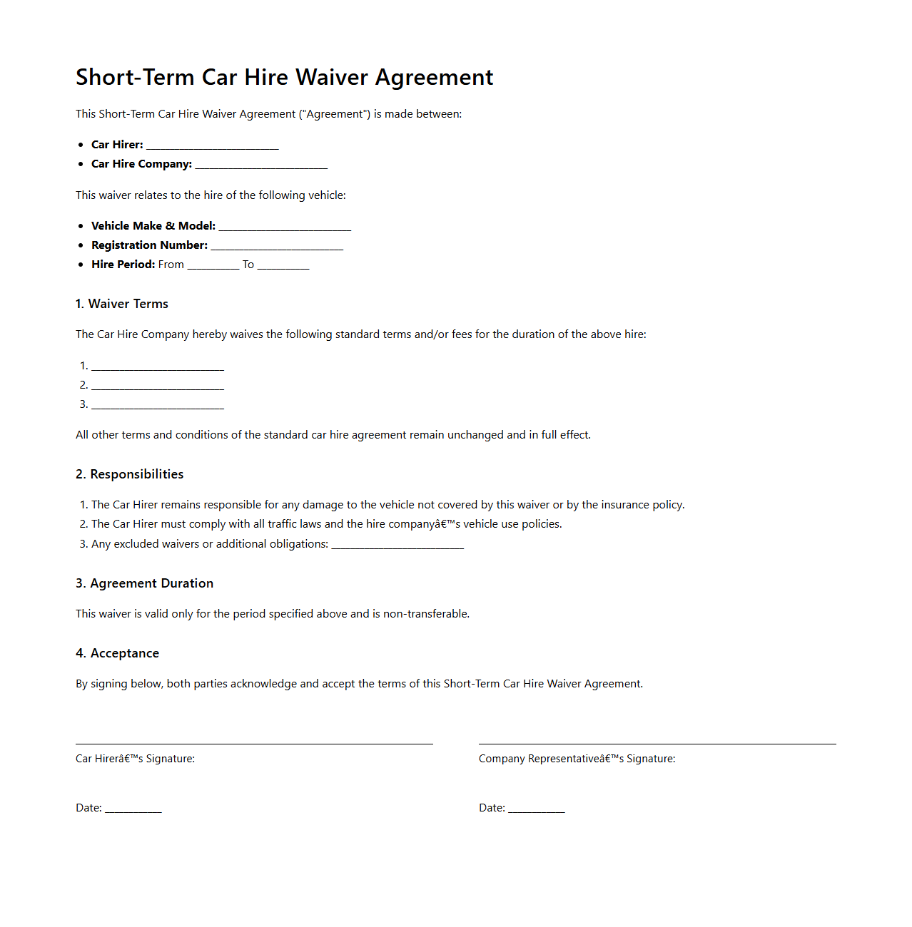 Short-Term Car Hire Waiver Agreement